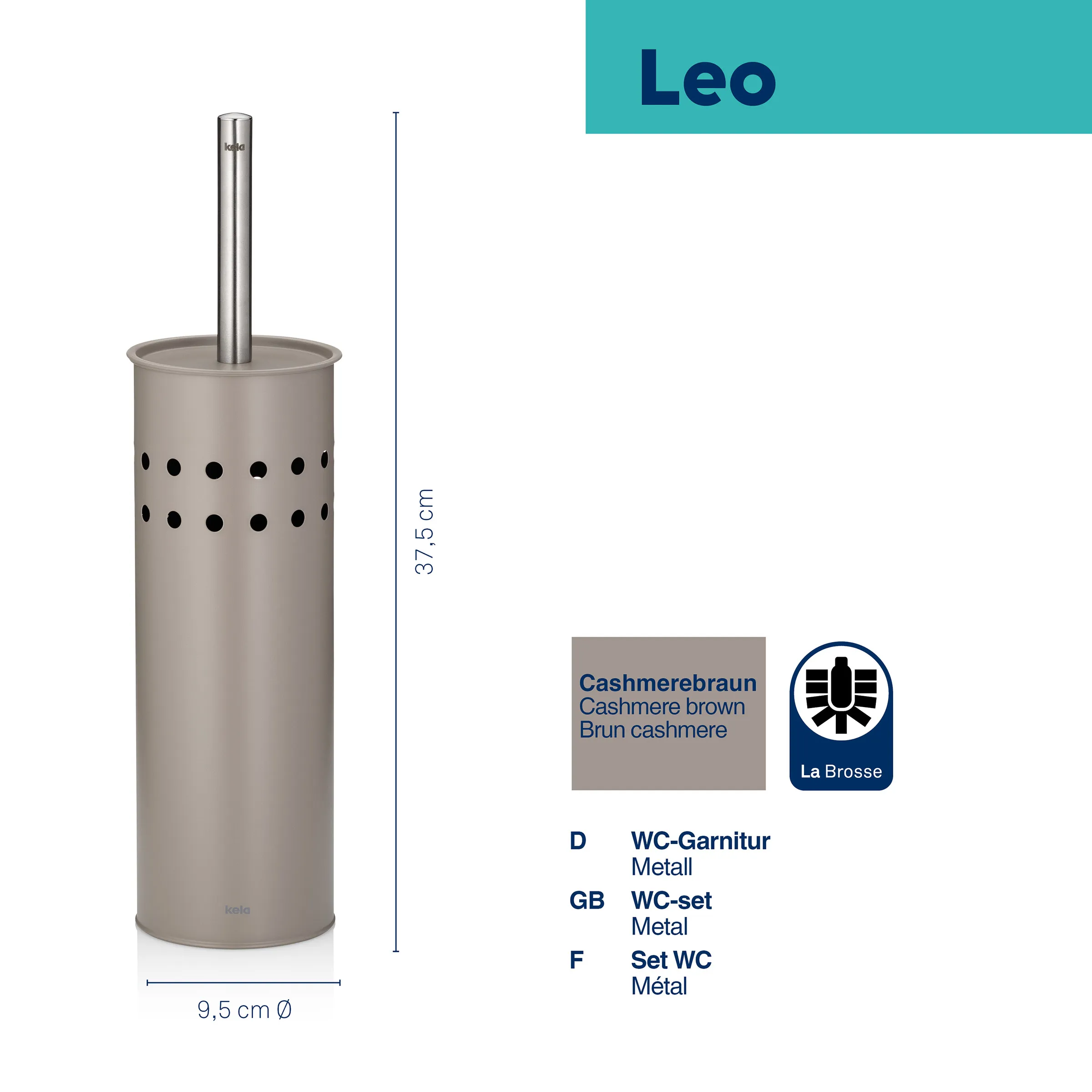 Kelo Leo Toilettenbürste in Cashmebraun mit Metallgarnitur, 37,5 cm Höhe, 9,5 cm Durchmesser