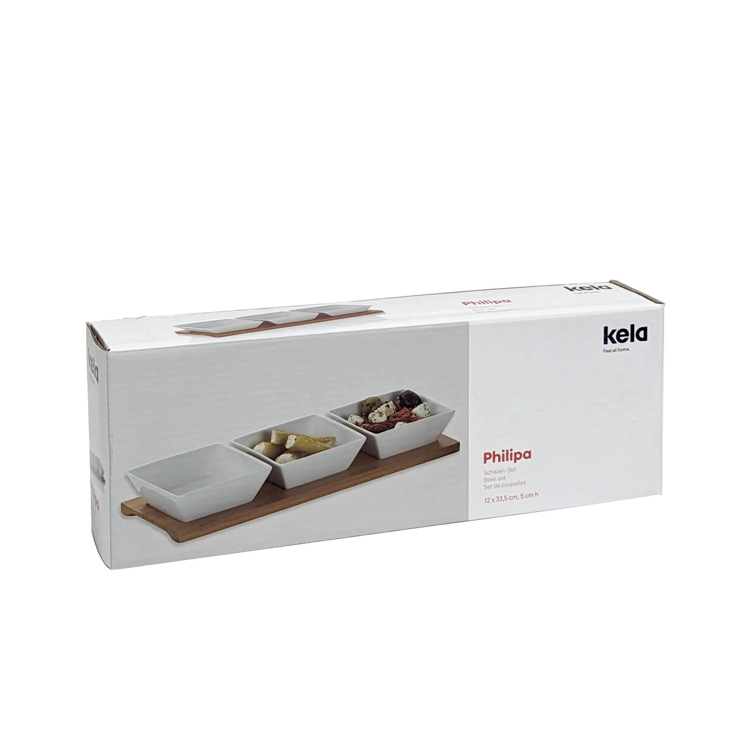 Kela Philipa Schalen-Set mit Keramikschalen und Holztablett für Snacks Kela Philipa Schalen-Set mit 3 weißen Keramikschalen auf Holztablett, gefüllt mit Oliven und Antipasti