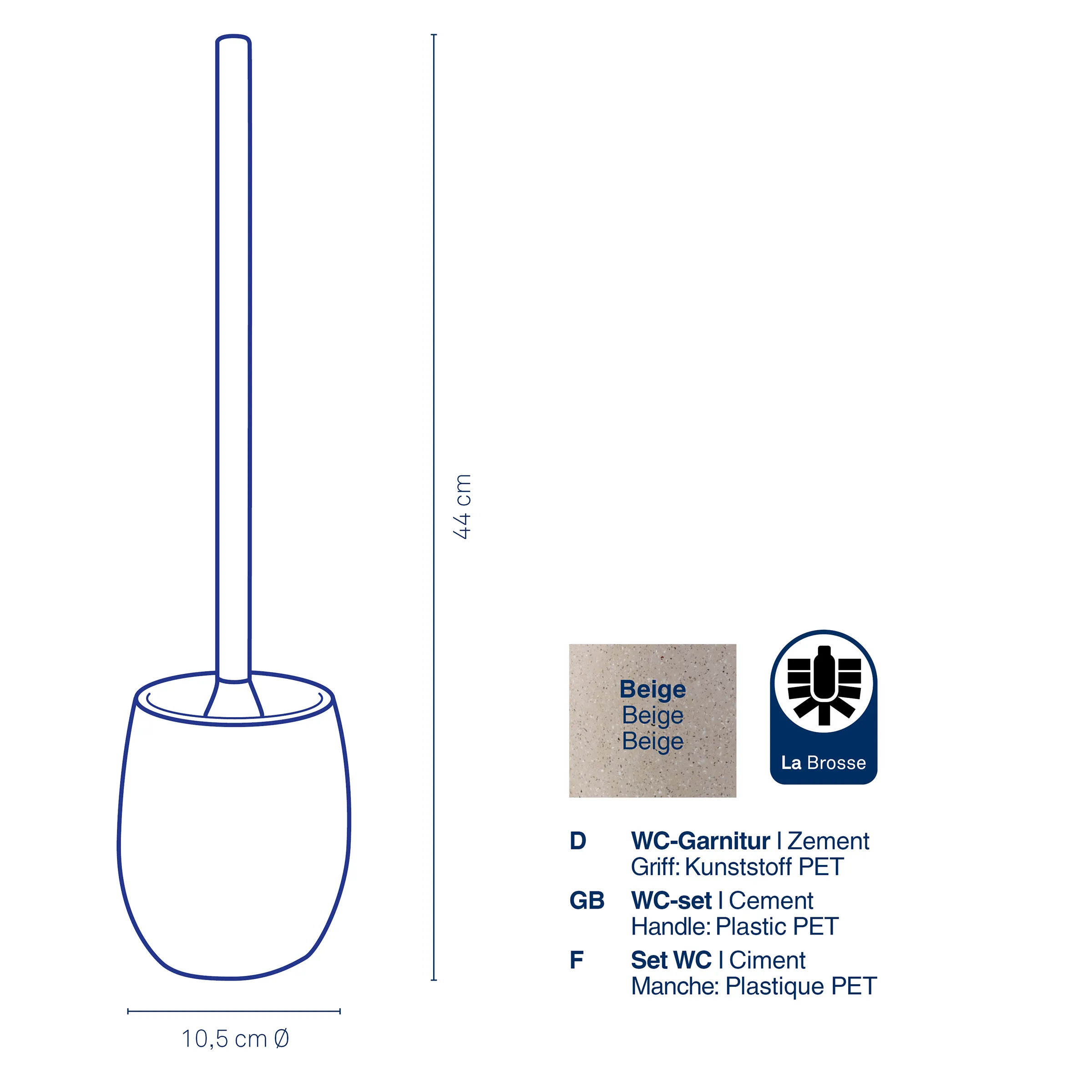 WC-Garnitur La Brosse Beige mit Zement und Kunststoffgriff, 44 cm WC-Garnitur La Brosse in Beige, 44 cm hoch, Ø 10,5 cm, mit Kunststoff PET Griff und Zementbasis