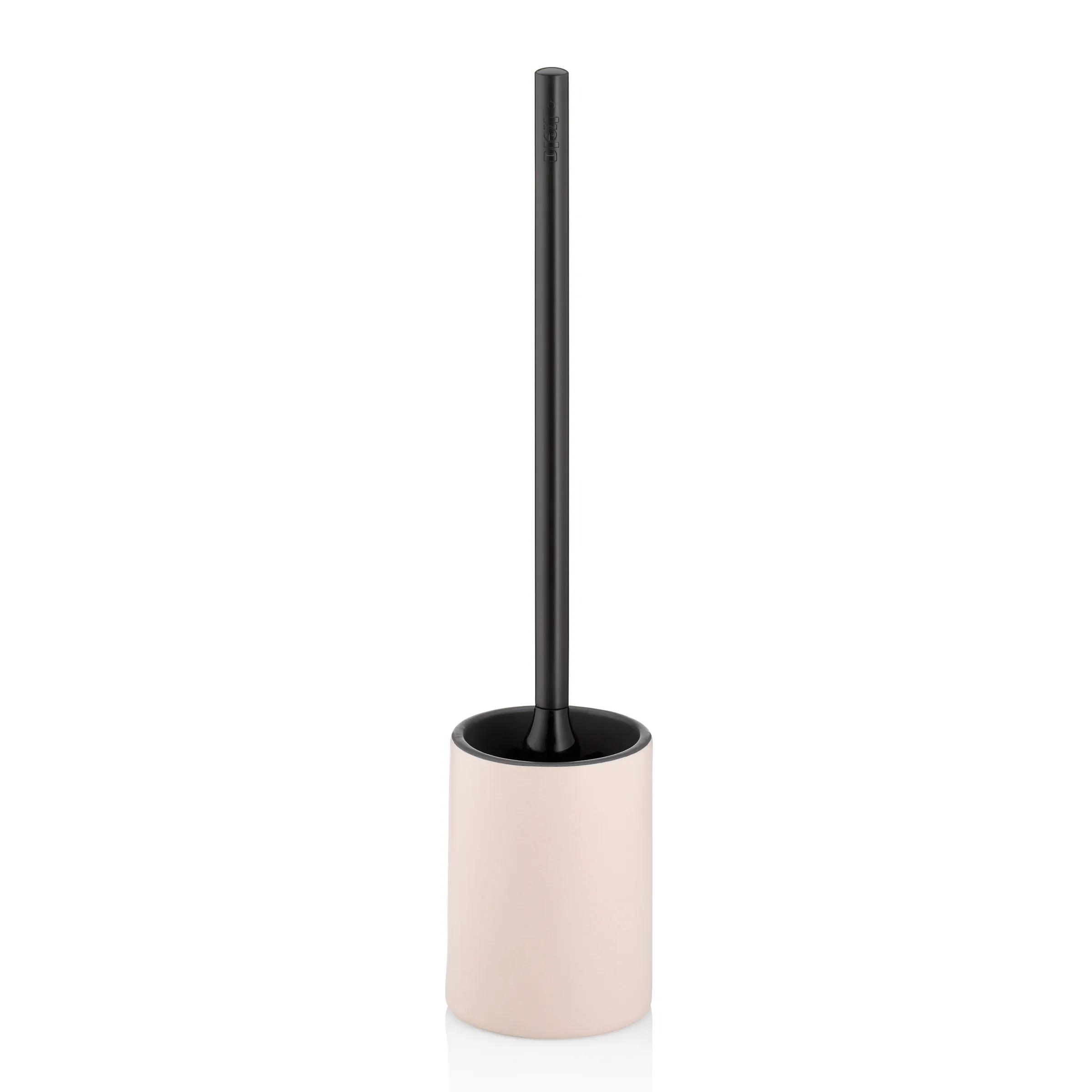 Toilettenbürste mit Behälter - moderne Badezimmerbürste Cremefarbene Toilettenbürste mit schwarzem Griff und Behälter auf weißem Hintergrund