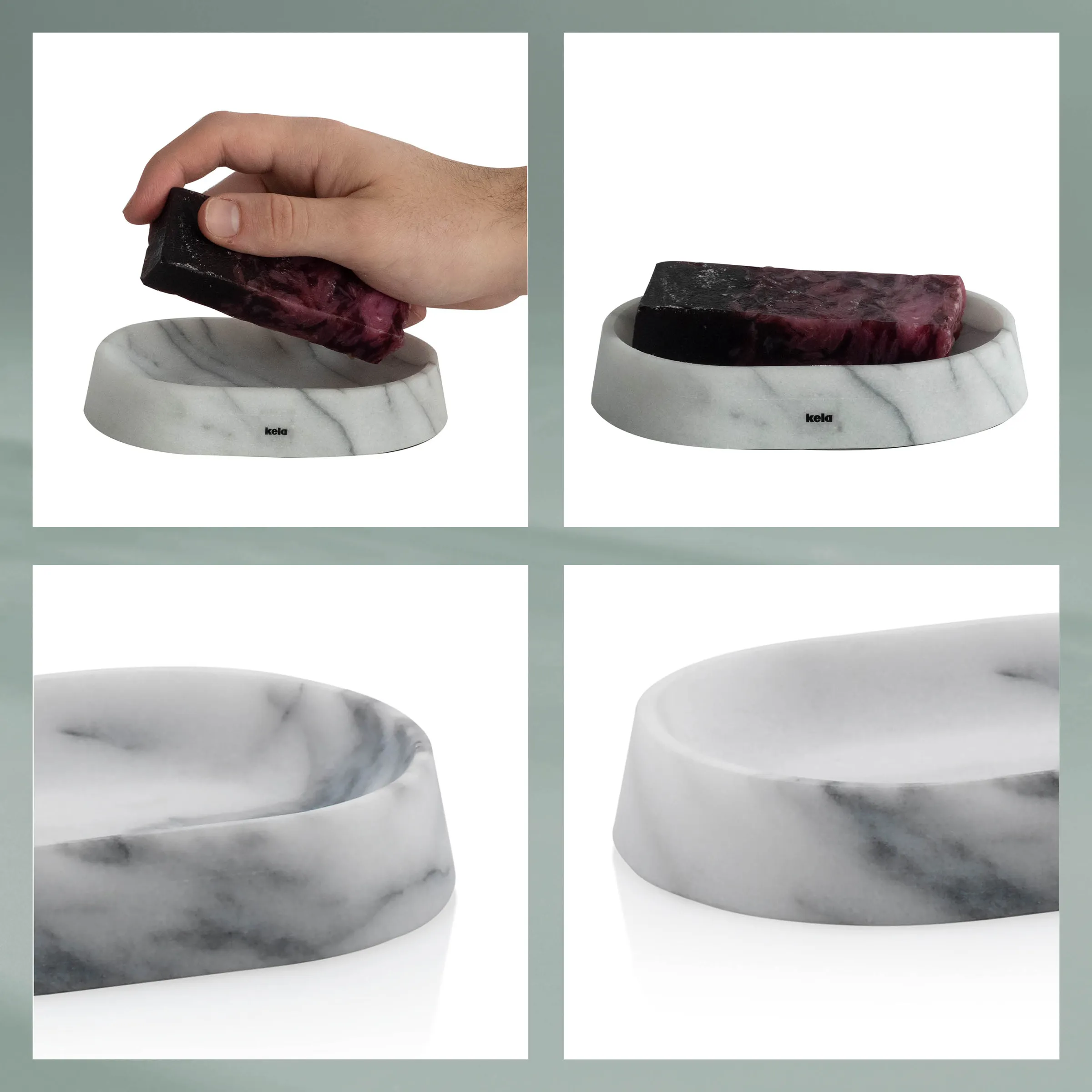 Marmorne Schale aus weißem Marmor mit dunkelroter Seife, die von Hand hineingegeben wird. Mehrere Ansichten des eleganten Behälters.