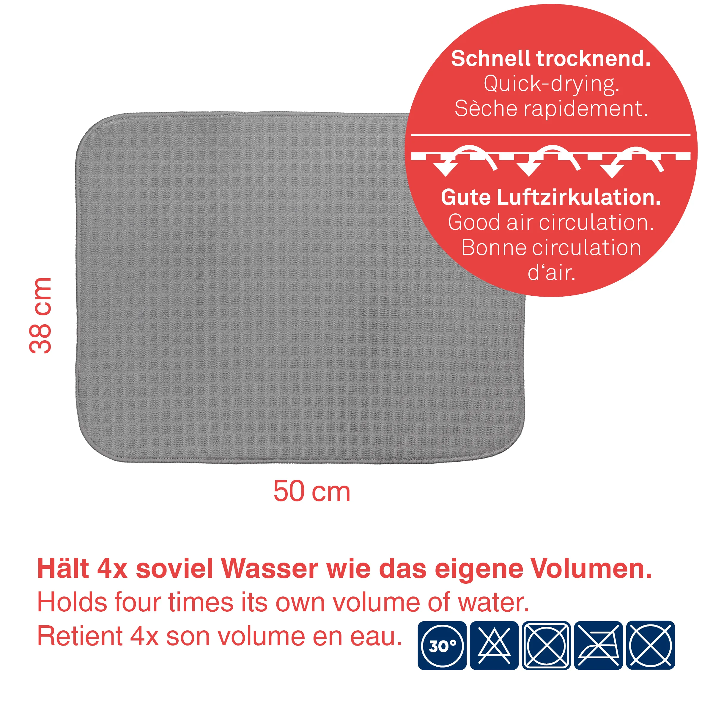 Graues Mikrofaser-Handtuch mit den Maßen 50x38 cm, schnelltrocknend, gute Luftzirkulation, hält 4x Wasser