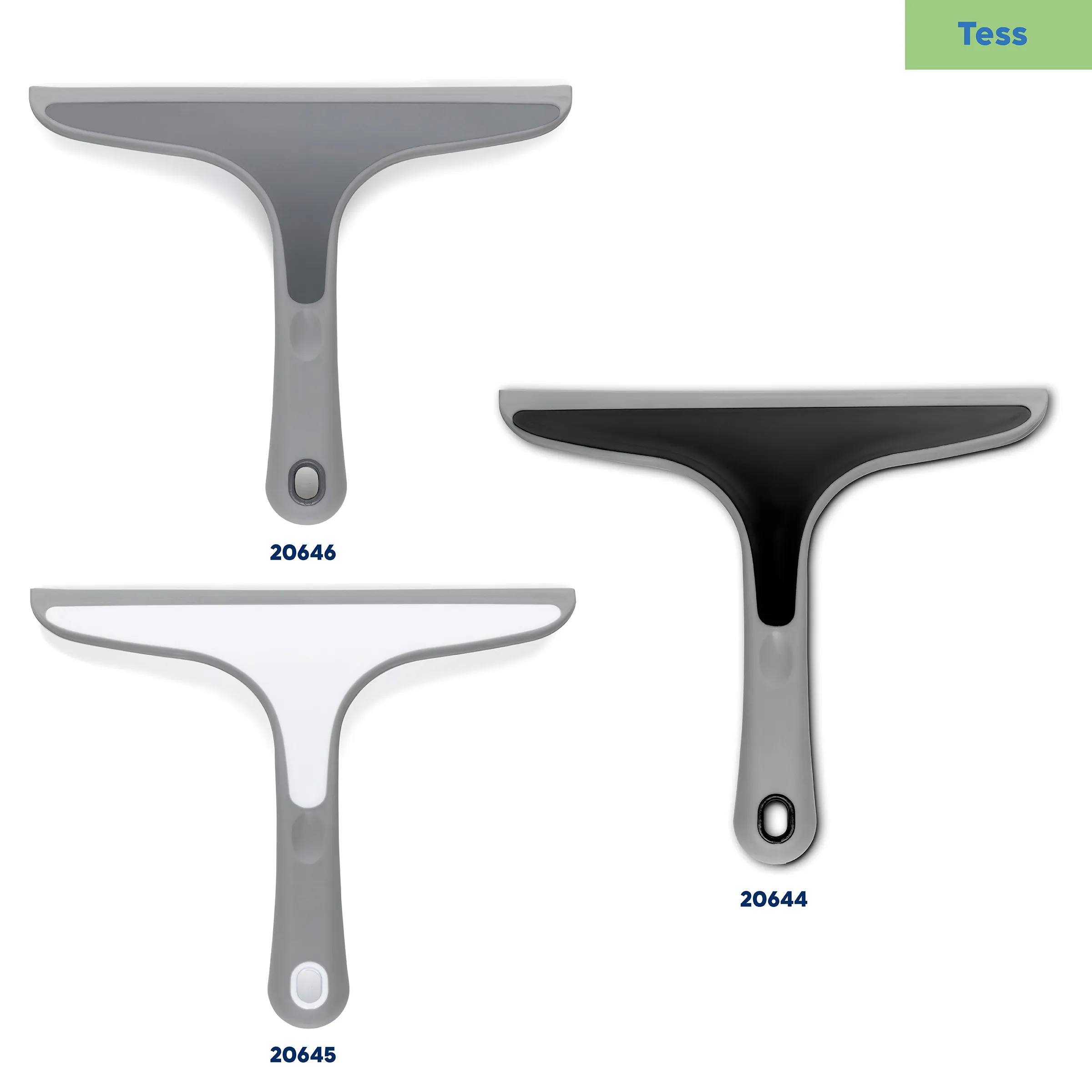 Drei Tess Duschabzieher in Grau, Weiß und Schwarz mit ergonomischem Griff - Modelle 20646, 20645 und 20644