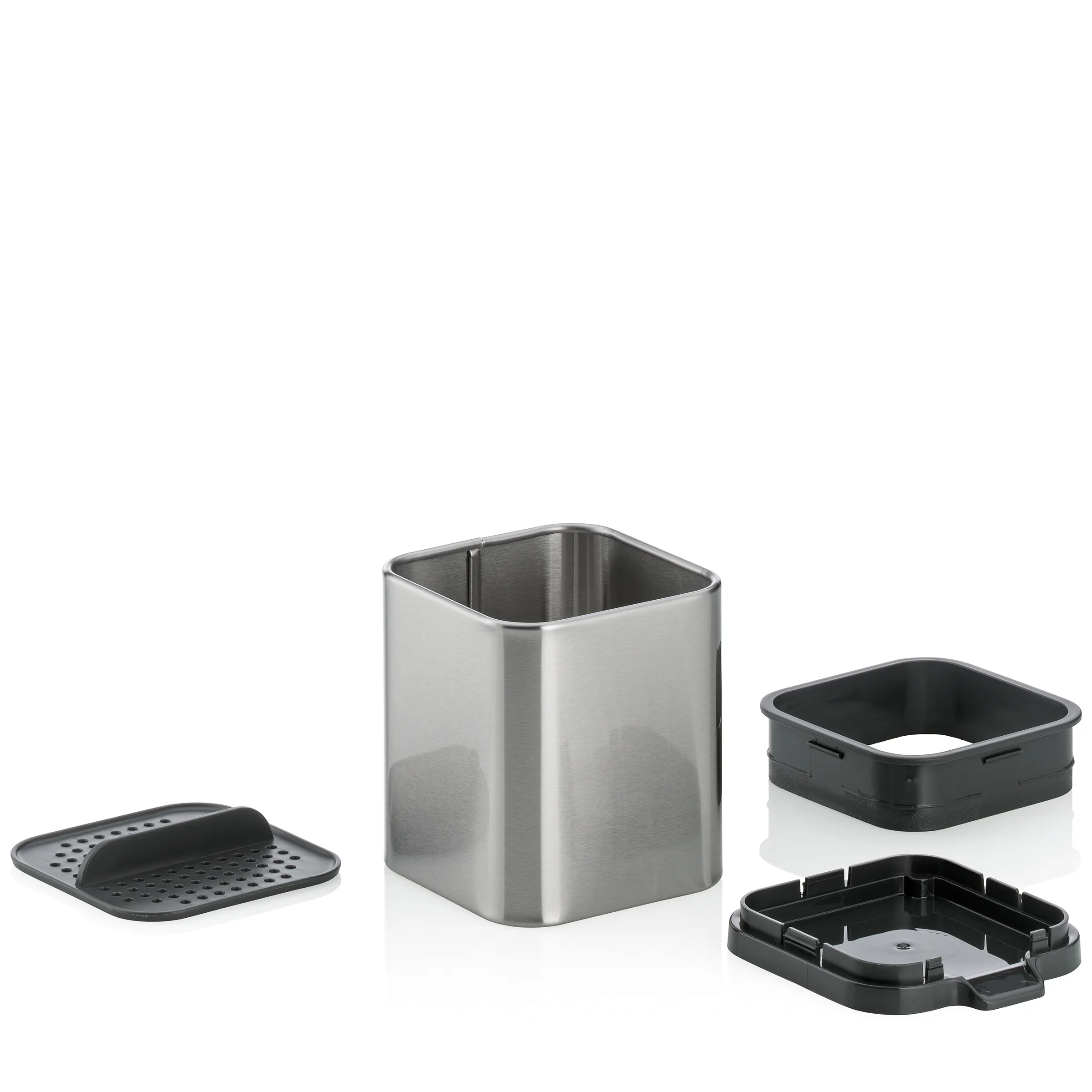 Edelstahl-Behälter mit Kunststoff-Zubehör Set Edelstahl-Behälter mit abnehmbaren schwarzen Kunststoffkomponenten und Deckel, zerlegtes Zubehör-Set