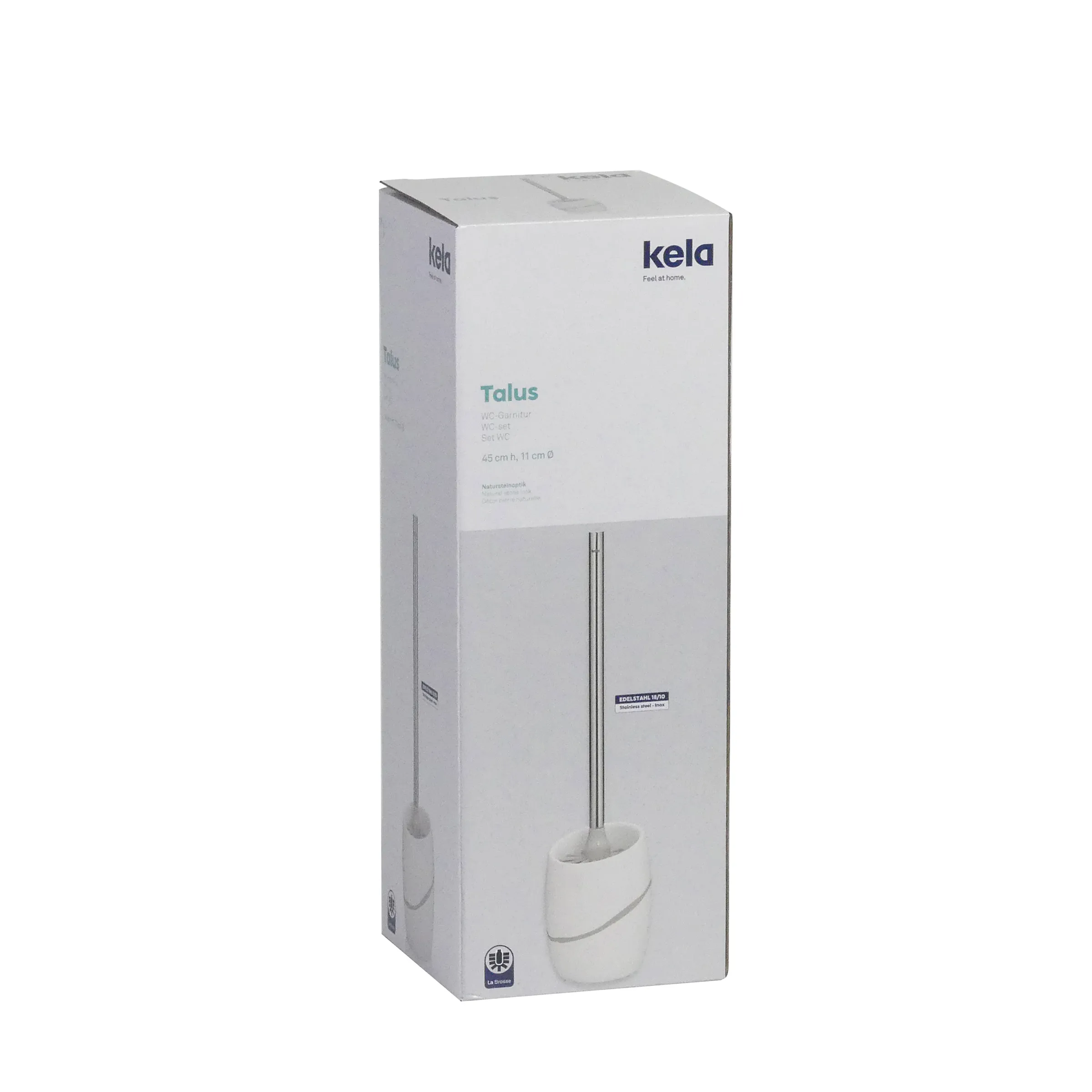 Kela Talus WC-Garnitur Toilettenbürste mit Edelstahlstiel 65 cm Kela Talus WC-Garnitur Verpackung mit weißer Toilettenbürste und Edelstahlstiel, 65 cm Höhe, 11 cm Durchmesser