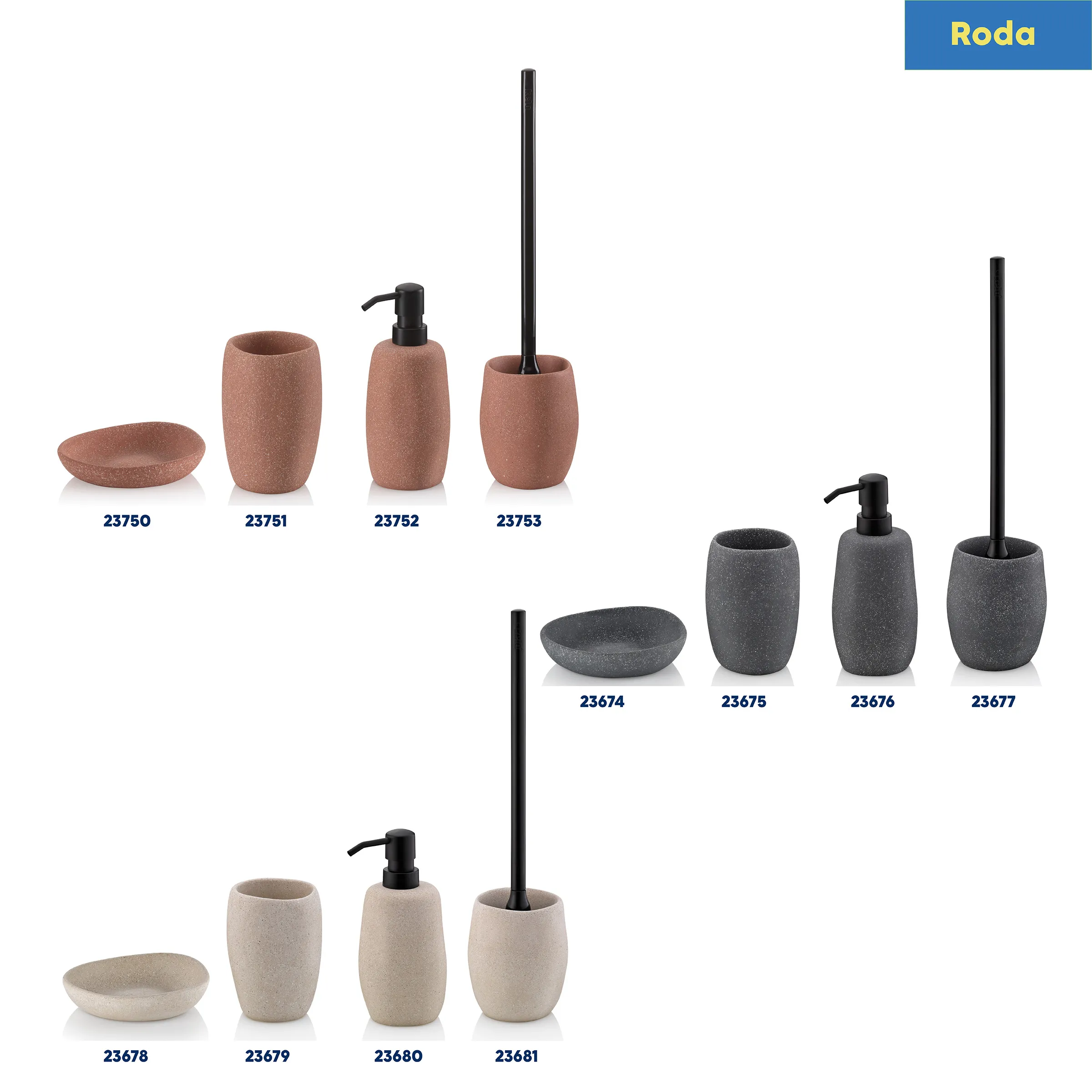 Roda Badezimmer-Accessoires-Set mit Seifenspendern, Zahnbürstenbechern und Toilettenbürsten in Terrakotta- und Grautönen