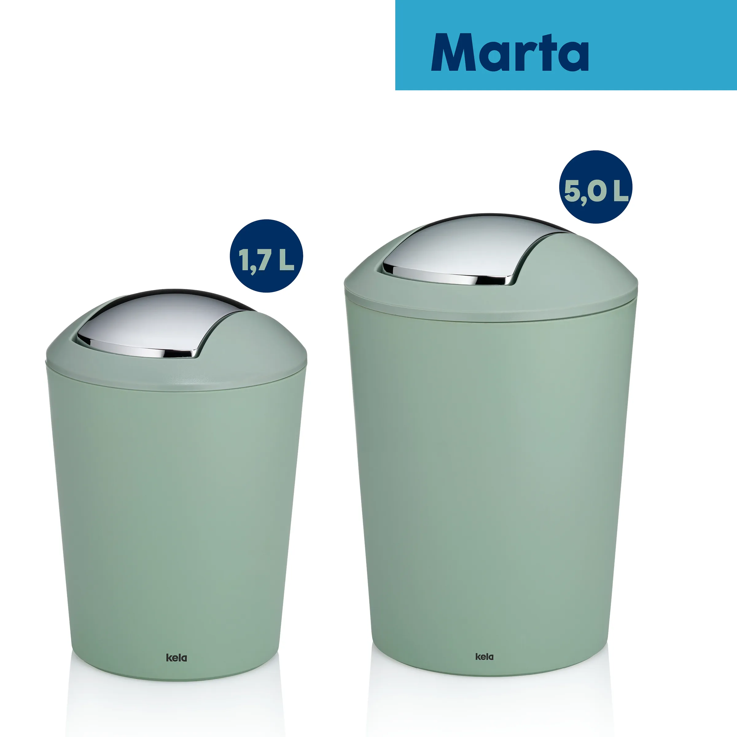 Marta Abfallbehälter 1,7L und 5,0L grün Zwei grüne Marta Abfallbehälter mit Edelstahldeckel in den Größen 1,7L und 5,0L