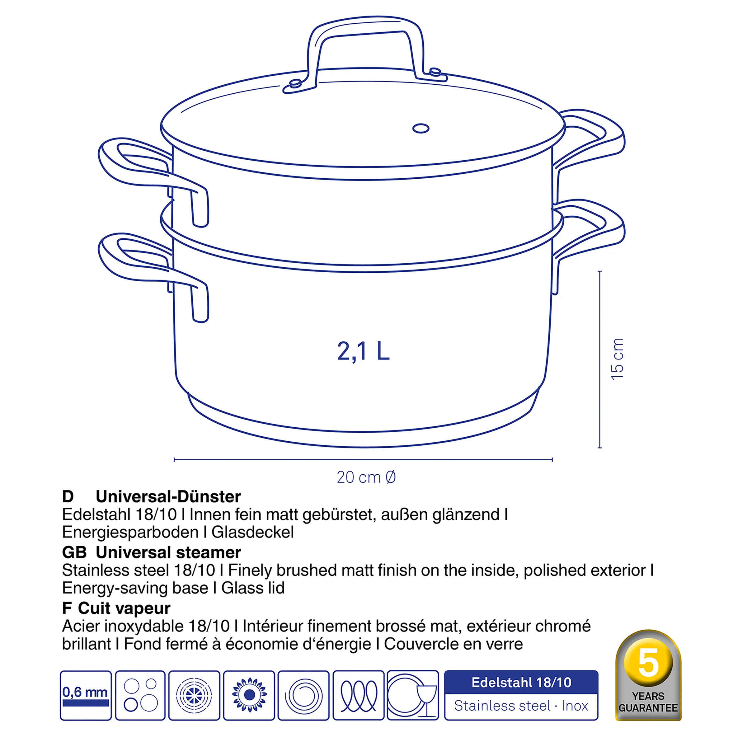 Universal-Dünster 2,1 Liter Edelstahl Universal-Dünster aus Edelstahl 18/10 mit 2,1 Liter Fassungsvermögen, 20 cm Durchmesser, Glassdeckel und ergonomischen Griffen