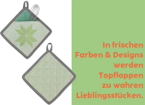 Zwei grüne Topflappen mit Sternen- und Gittermuster, mit Griffen zum Aufhängen.