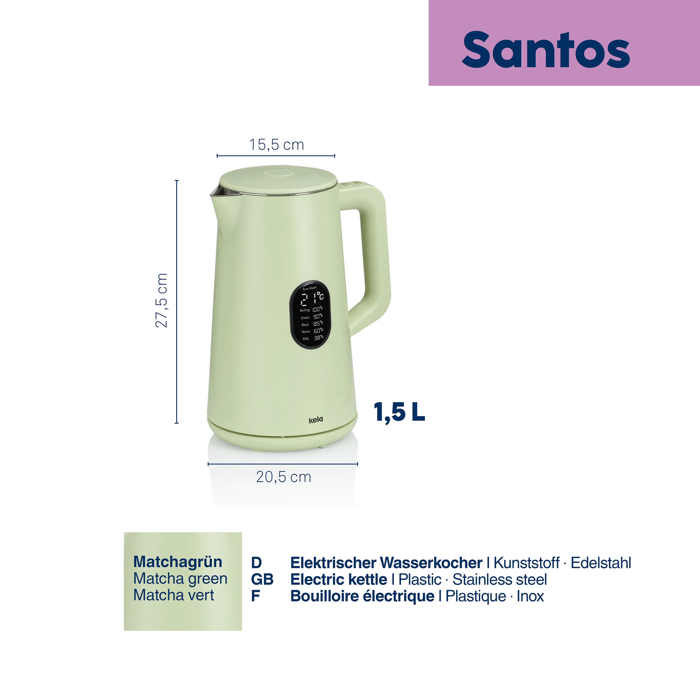 Elektrischer Wasserkocher 1,5L Matchagrün | Kala Design Hellgrüner elektischer Wasserkocher Kala mit 1,5L Fassungsvermögen, Kunststoff-Edelstahl-Ausführung, Abmessungen 15,5cm x 27,5cm x 20,5cm