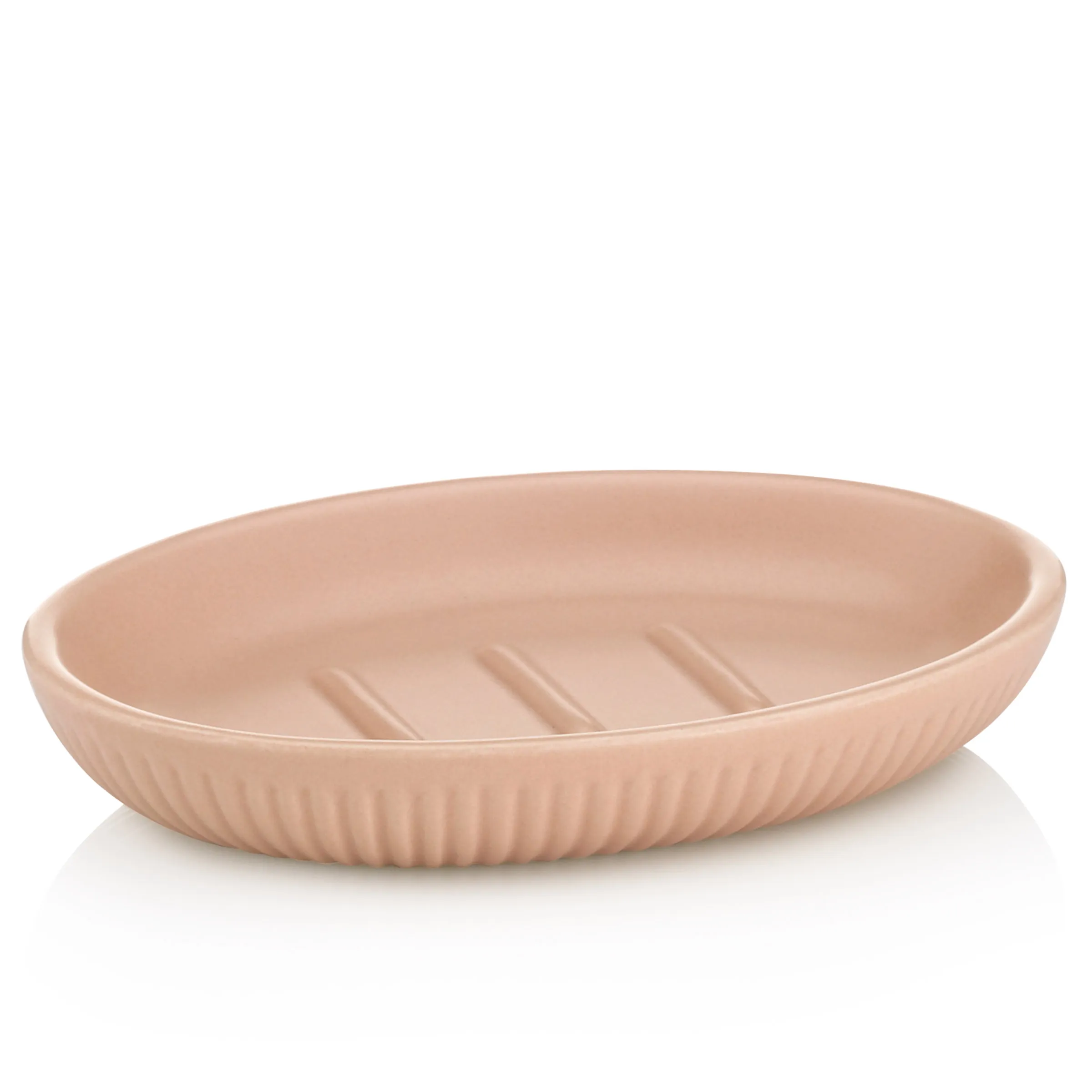 Ovale Seifenschale in zartem Rosa mit gerilltem Muster und integrierten Abflussnuten