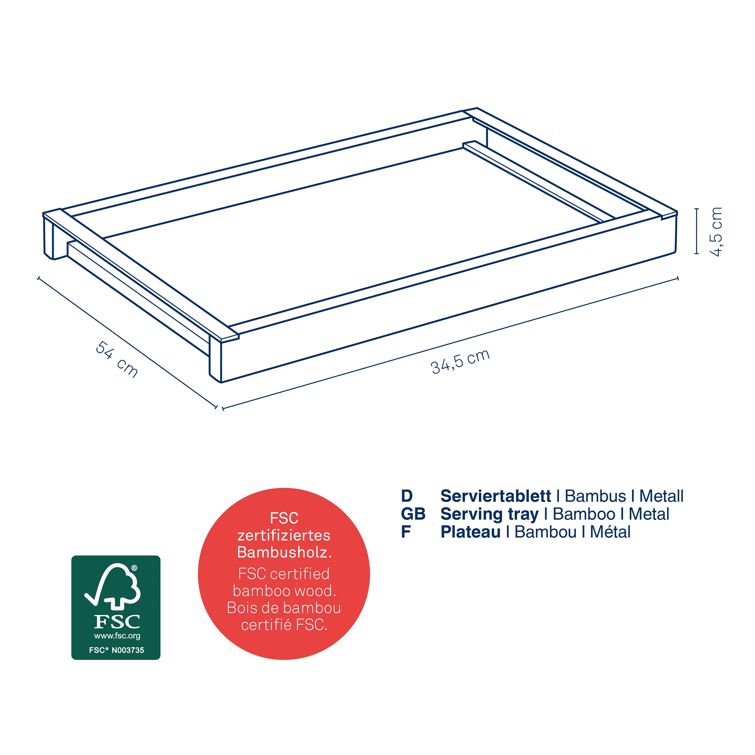 Serviertablett Bambus Metall FSC-zertifiziert 54x34,5cm FSC-zertifiziertes Serviertablett aus Bambus und Metall, 54 x 34,5 x 4,5 cm, isometrische technische Zeichnung