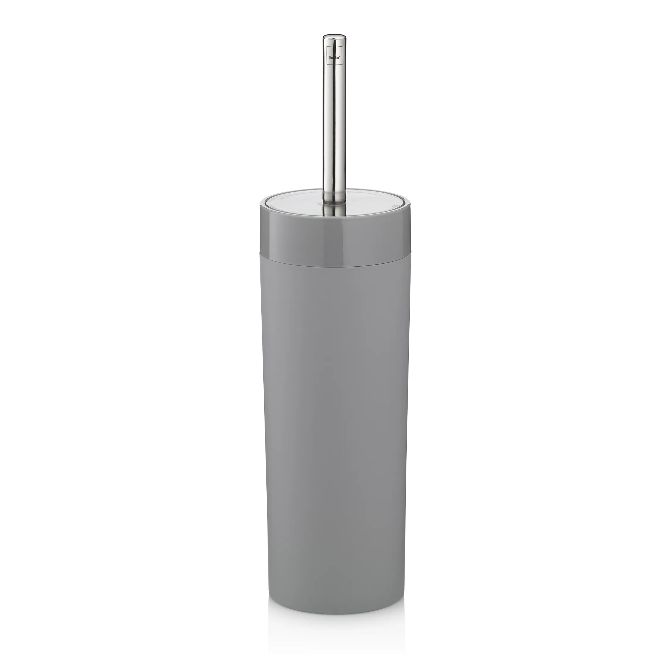 Toilettenbürste grau mit Behälter Graue Toilettenbürste mit langem Metallstiel und ovalem Behälter