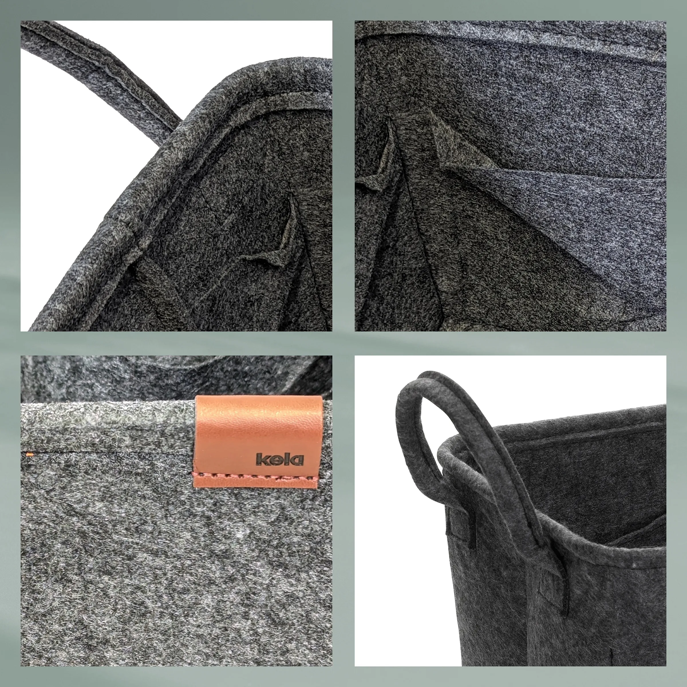 Detailaufnahmen einer grauen Filztasche mit Lederetikett und robusten Henkeln von kela