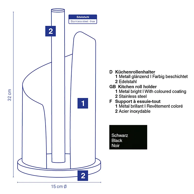 Küchenrollenhalter Edelstahl schwarz - Technische Produktzeichnung mit Maßen Technische Zeichnung eines schwarzen Küchenrollenhalters, 32 cm hoch, 15 cm Ø, aus Edelstahl mit farbiger Beschichtung