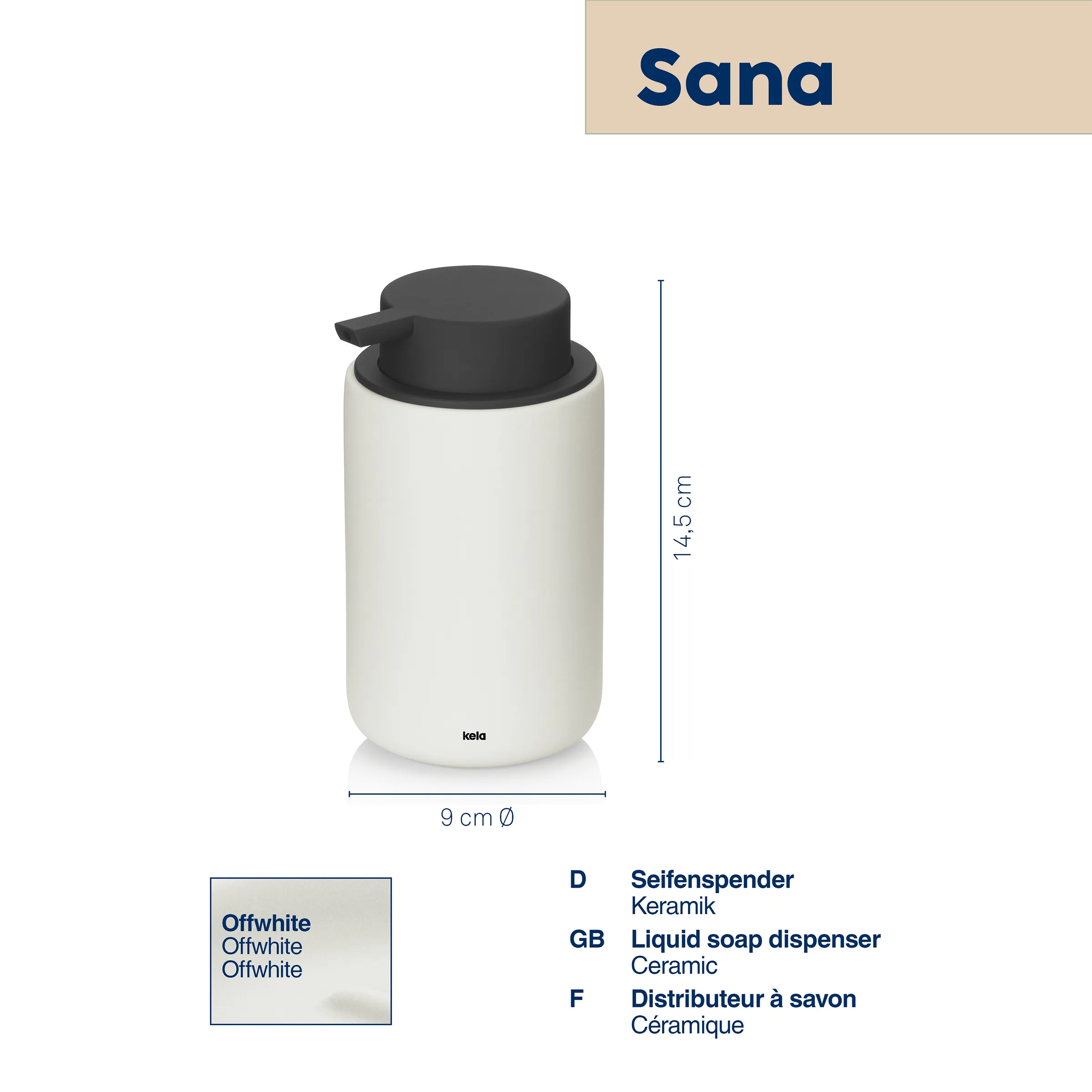 Sana Seifenspender Keramik Offwhite - Liquid Soap Dispenser Sana Seifenspender aus offwhite Keramik mit schwarzem Pumpkopf, 14,5 cm hoch, 9 cm Durchmesser