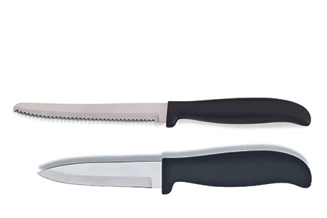 Küchenmesser Set mit Sägemesser und Kochmesser Zwei Küchenmesser mit schwarzen Griffen: oben ein Sägemesser, unten ein glattes Kochmesser auf weißem Hintergrund