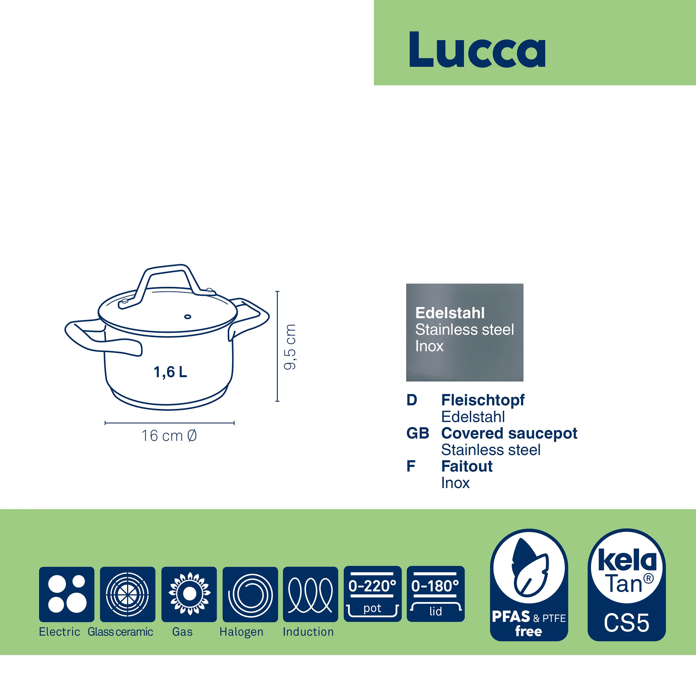 Lucca Edelstahl-Fleischtopf 1,6L Induktion PFAS-frei Lucca Edelstahl-Fleischtopf 1,6L, 16cm Durchmesser, 9,5cm Höhe, geeignet für alle Herdarten inkl. Induktion