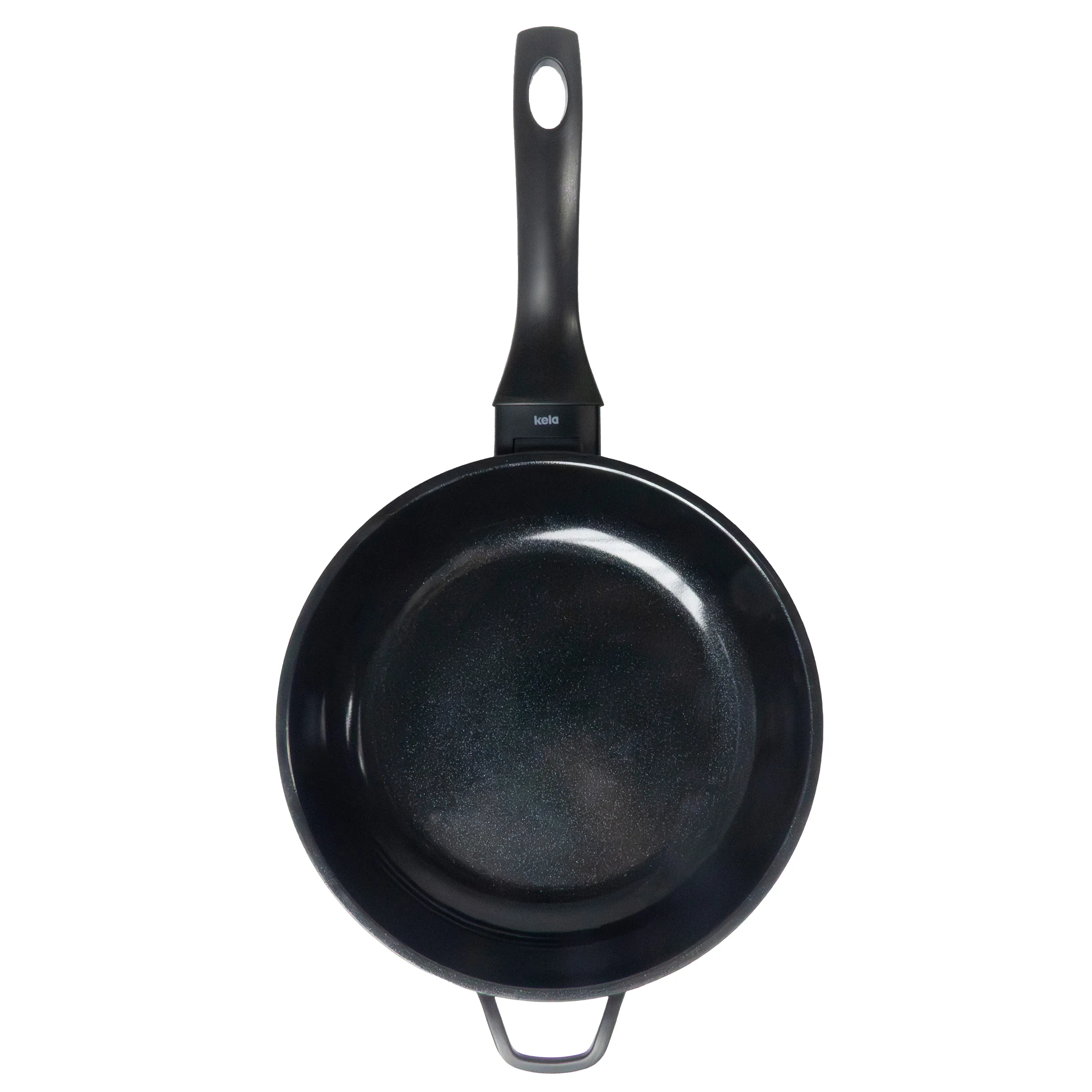 Antihaft-Bratpfanne schwarz mit ergonomischem Griff - Kela Kochgeschirr Schwarze Bratpfanne mit Antihaftbeschichtung und ergonomischem Griff mit Aufhängeloch, Ansicht von oben