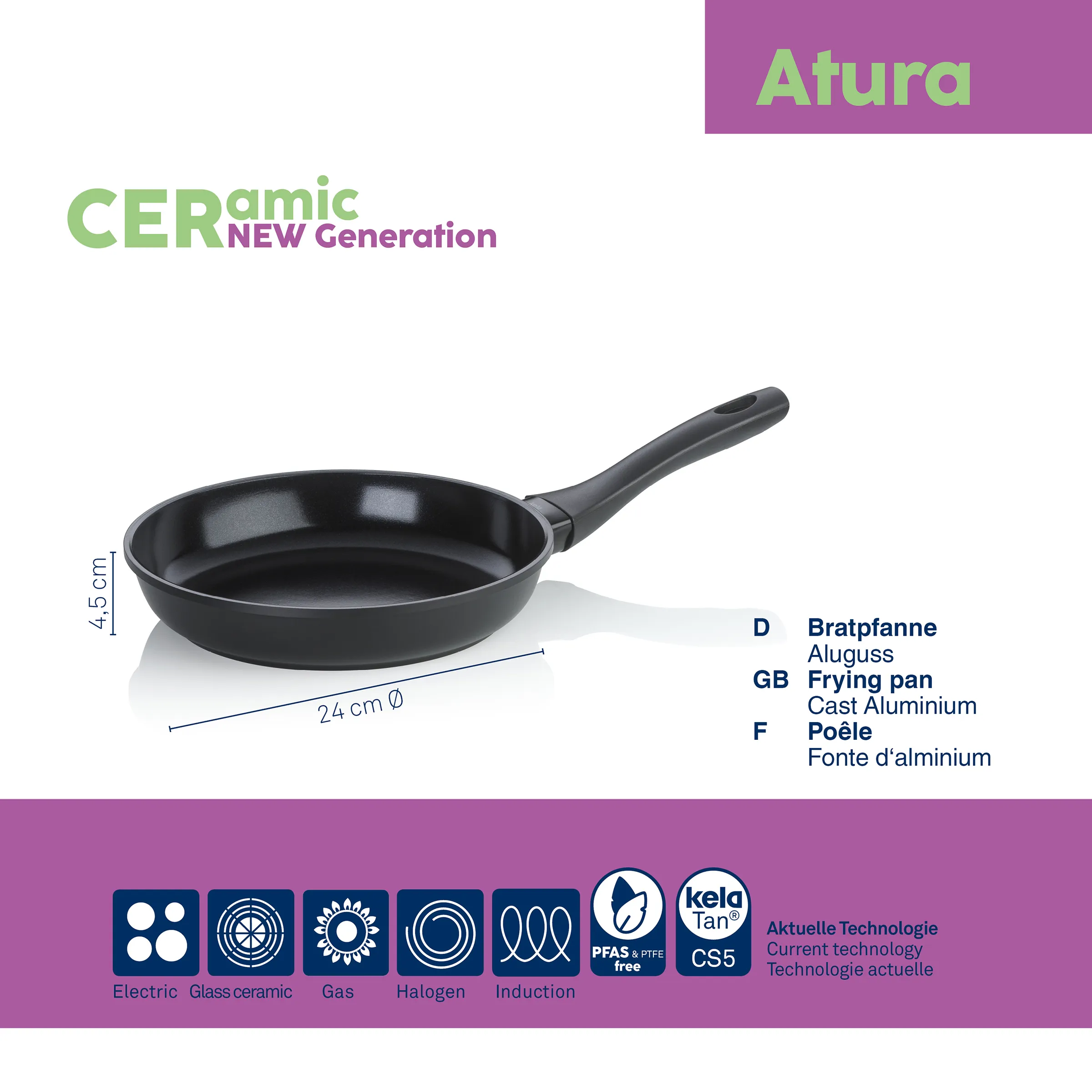 Atura Ceramic Bratpfanne 24cm Aluminium Induktion Schwarze Bratpfanne Atura Ceramic New Generation, 24 cm Durchmesser, 4,5 cm Höhe, Aluminium mit Keramikbeschichtung