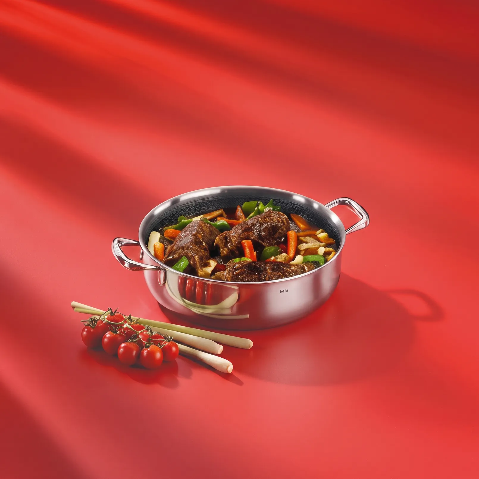 Poêle en acier inoxydable Kela avec revêtement antiadhésif - Ustensile de cuisine Poêle en acier inoxydable Kela avec revêtement antiadhésif et deux poignées, stylisée avec tomates et cuillères