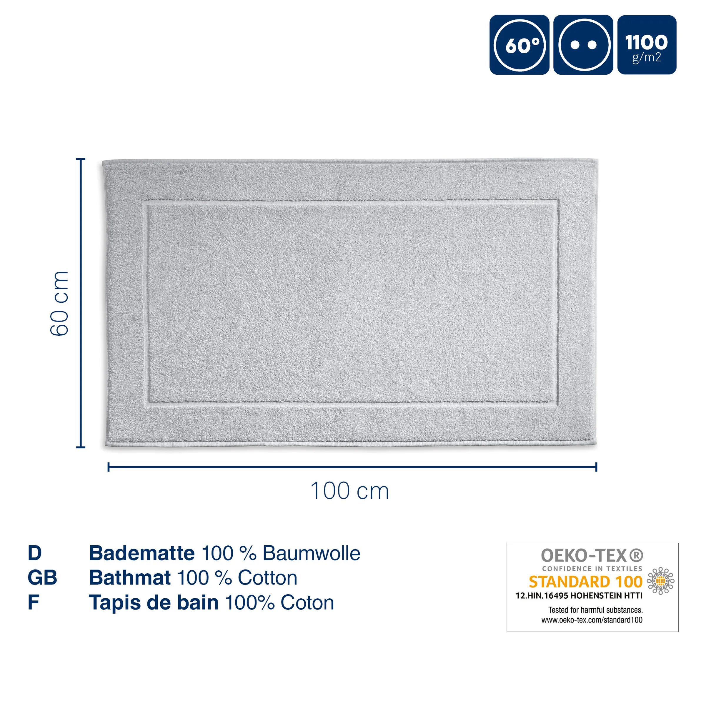 Graue Badematte aus 100% Baumwolle, 100x60 cm, mit OEKO-TEX Standard 100 Zertifizierung, waschbar bei 60°
