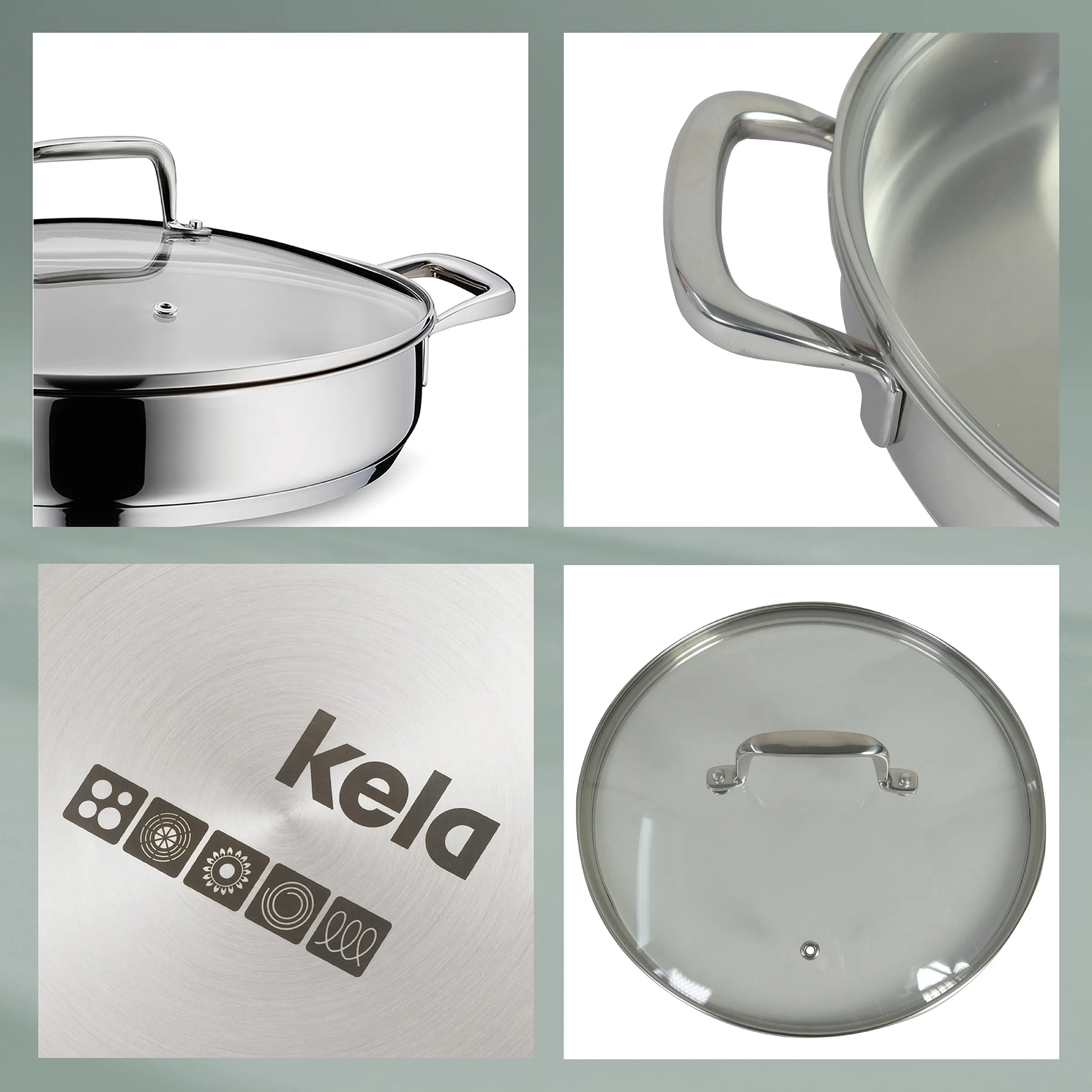 Kela Edelstahl-Kochtopf mit Glasdeckel und Griffen - Premium Kochgeschirr Kela Edelstahl-Kochtopf mit Glasdeckel und Griffen in vier Detailansichten
