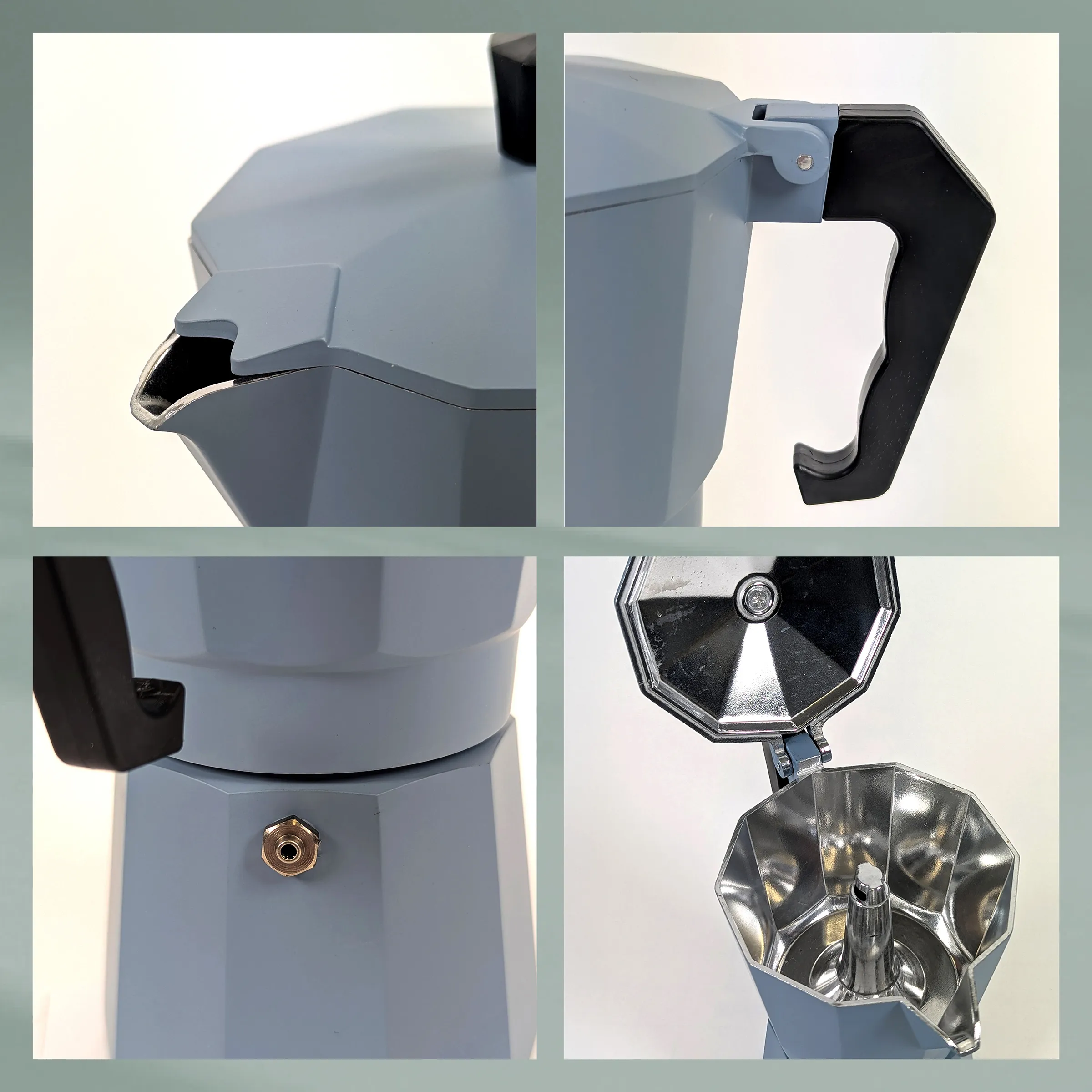 Espressokocher hellblau - Detailansicht Ausguss, Griff und Ventil der italienischen Kaffeekanne Espressokocher in Hellblau mit schwarzem Griff - Detailansichten von Ausguss, Griff, Ventil und Innenkammer