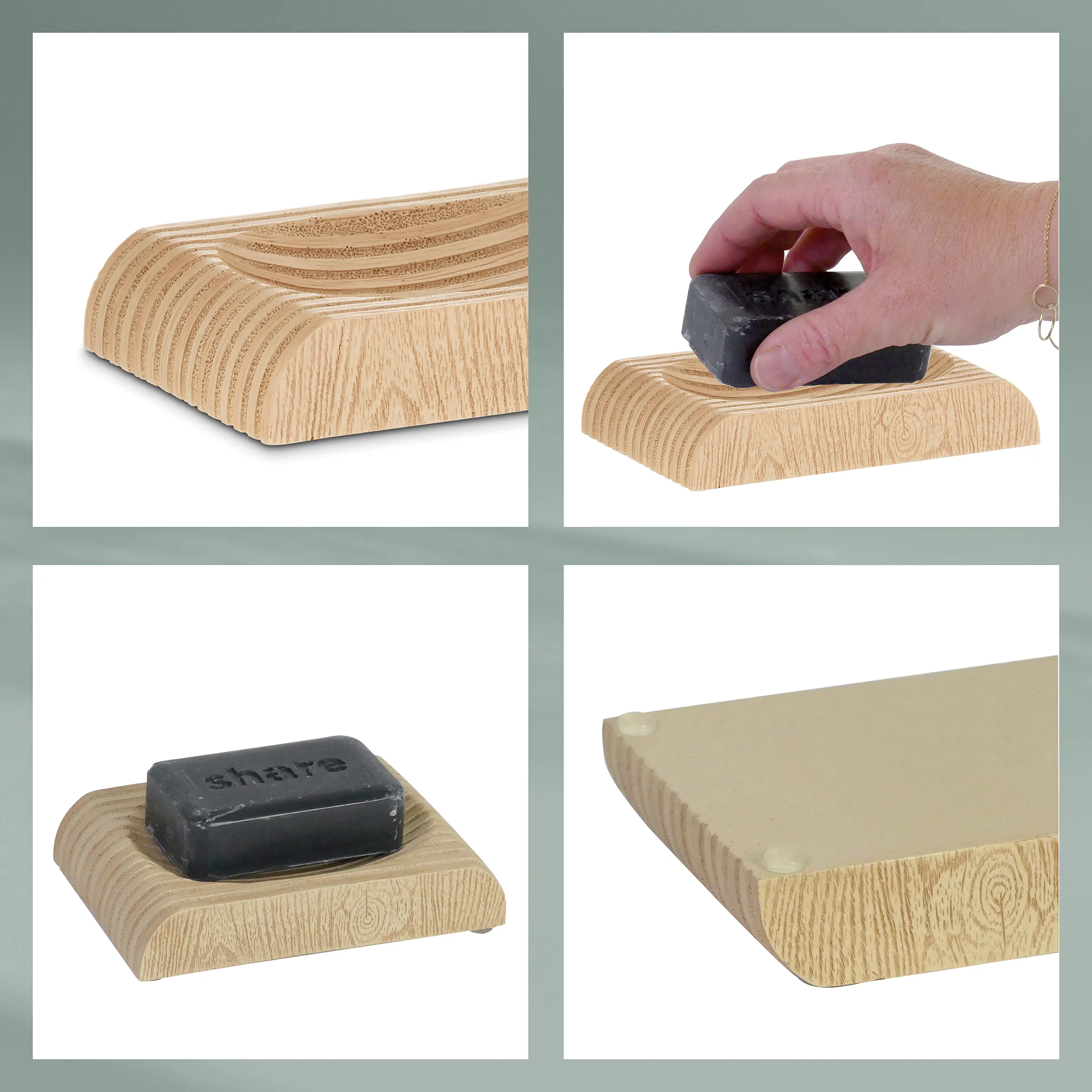 Seifenschale Holz mit Ablauf – Seifenhalter aus natürlichem Holz Seifenschale aus Holz mit Rillen für Wasserablauf, mit schwarzer Seife und Hand in vier Ansichten