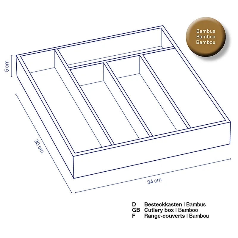 Bambus Besteckkasten mit Fächern - Schubladeneinsatz 34x30 cm Bambus Besteckkasten mit mehreren Fächern, 34x30x5 cm, isometrische Ansicht mit Maßangaben