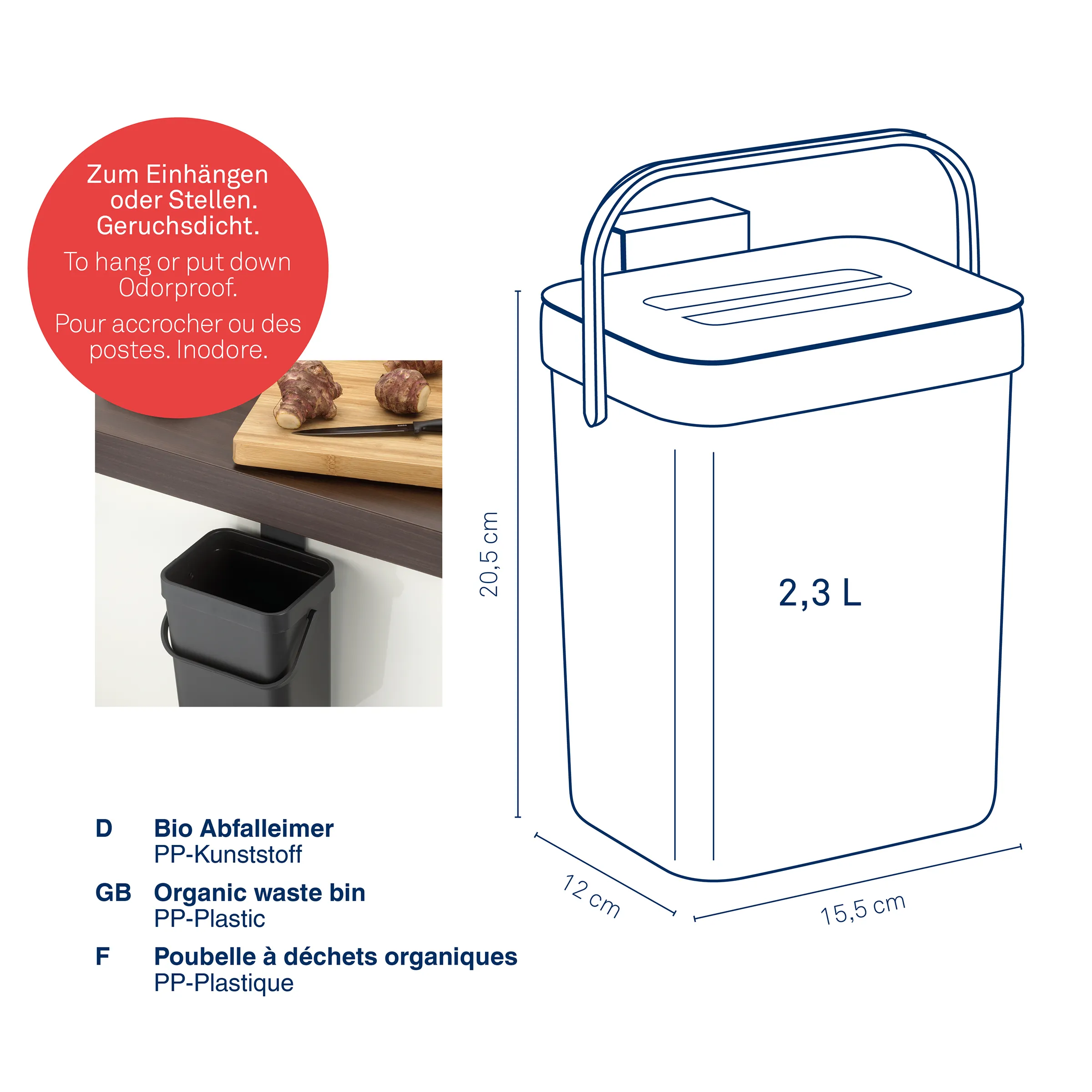 Bio-Abfalleimer aus PP-Kunststoff mit 2,3 Liter Fassungsvermögen, Maße 20,5 x 15,5 x 7,2 cm, mit Griff und abnehmbarem Deckel, ideal für die Küche