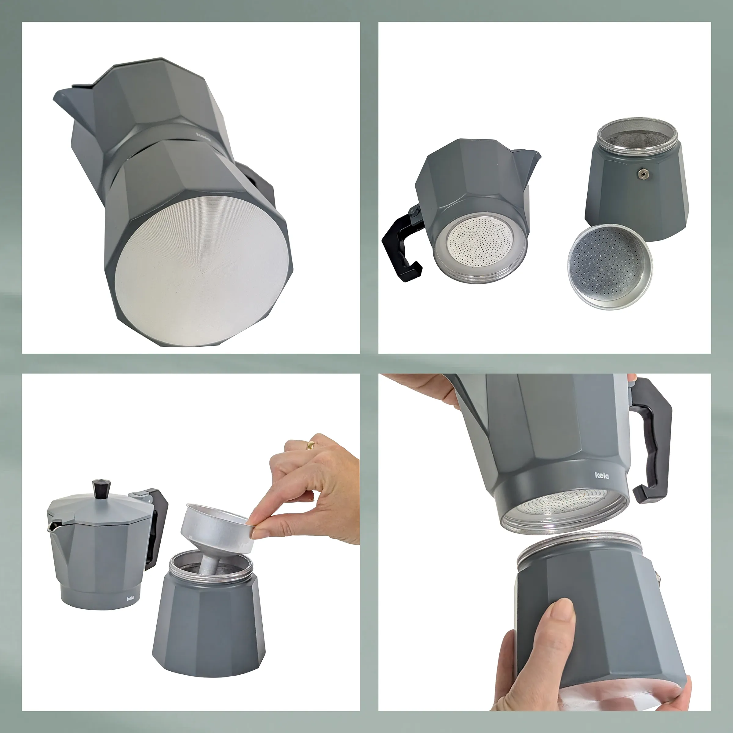 Espressokanne Moka Kanne grau - Detailansichten Aufbau und Filter Graue Espressokanne in vier Ansichten: Gesamtansicht, Einzelteile, Montage und Detail des Filters