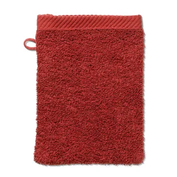 Rotes Frottier-Waschhandschuh mit Schlaufe und strukturierter Oberfläche vor weißem Hintergrund