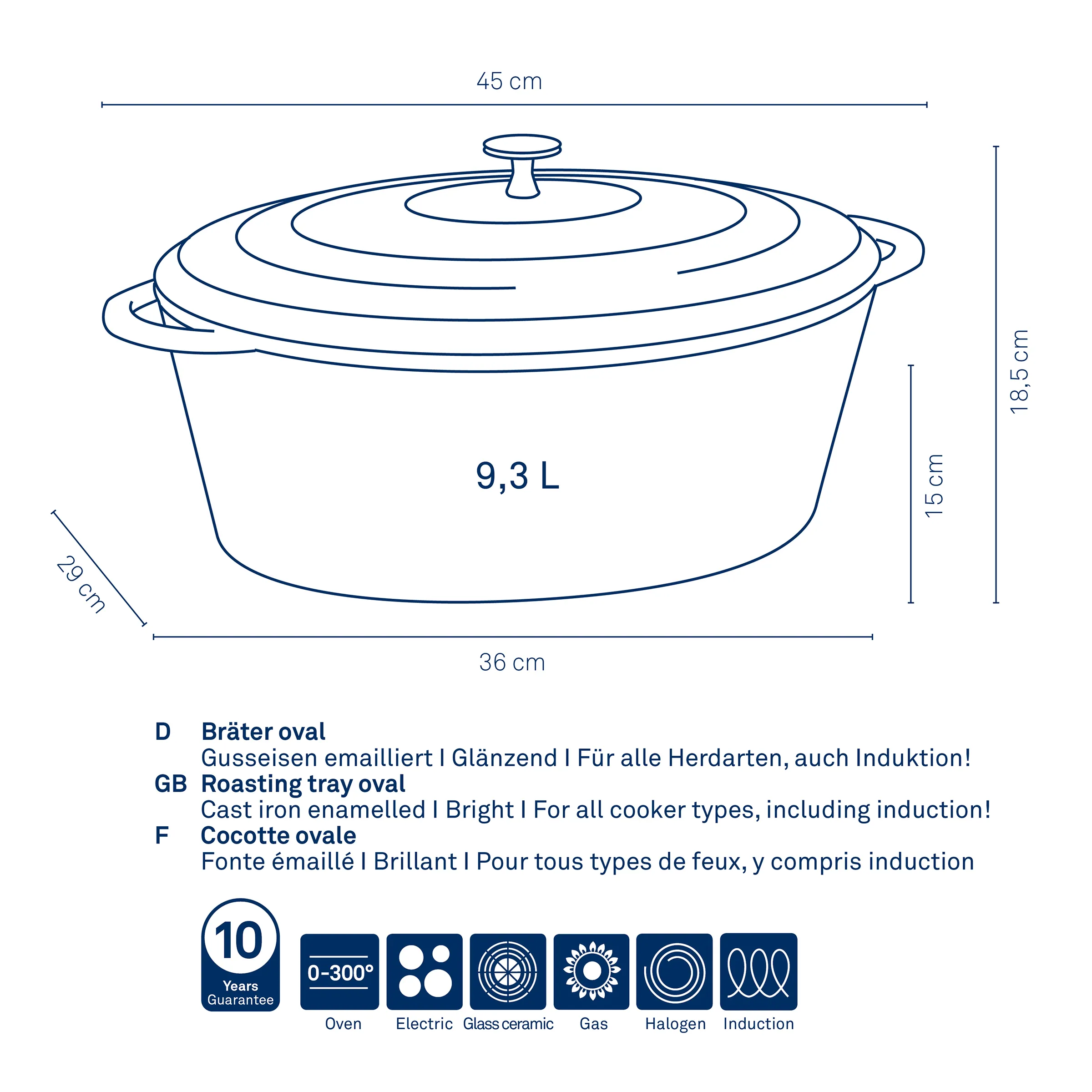 Ovaler Bräter 9,3L Gusseisen emailliert Induktion Ovaler Bräter 9,3 L mit Deckel, 45 cm breit, Gusseisen emailliert, für alle Herdarten und Induktion