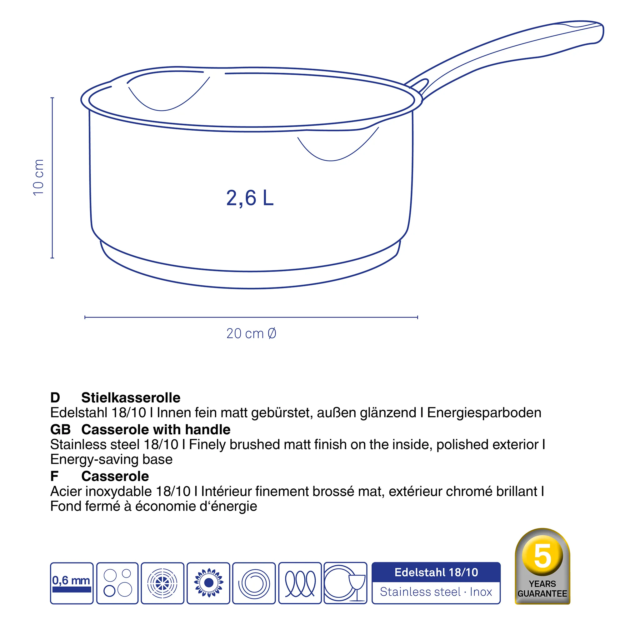 Edelstahl Kasserolle mit Henkel 2,6L - Stielkasserolle Edelstahlkasserolle mit Henkel, 20 cm Durchmesser, 10 cm Höhe, 2,6 L Fassungsvermögen, Energiesparboden