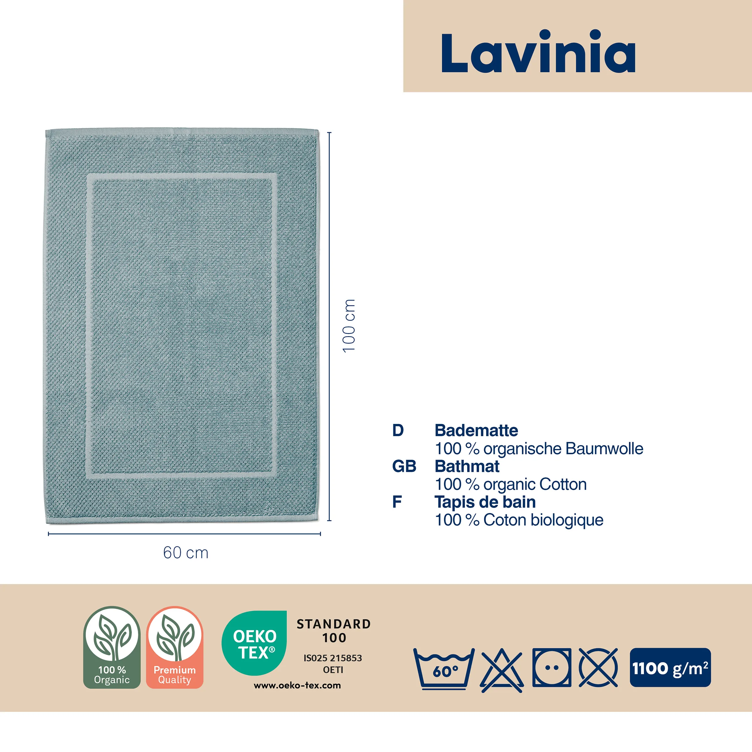 Lavinia Badematte Bio-Baumwolle 60x100 cm Lavinia Badematte in Türkis, 60x100 cm, 100% Bio-Baumwolle mit OEKO-TEX Standard 100 Zertifizierung