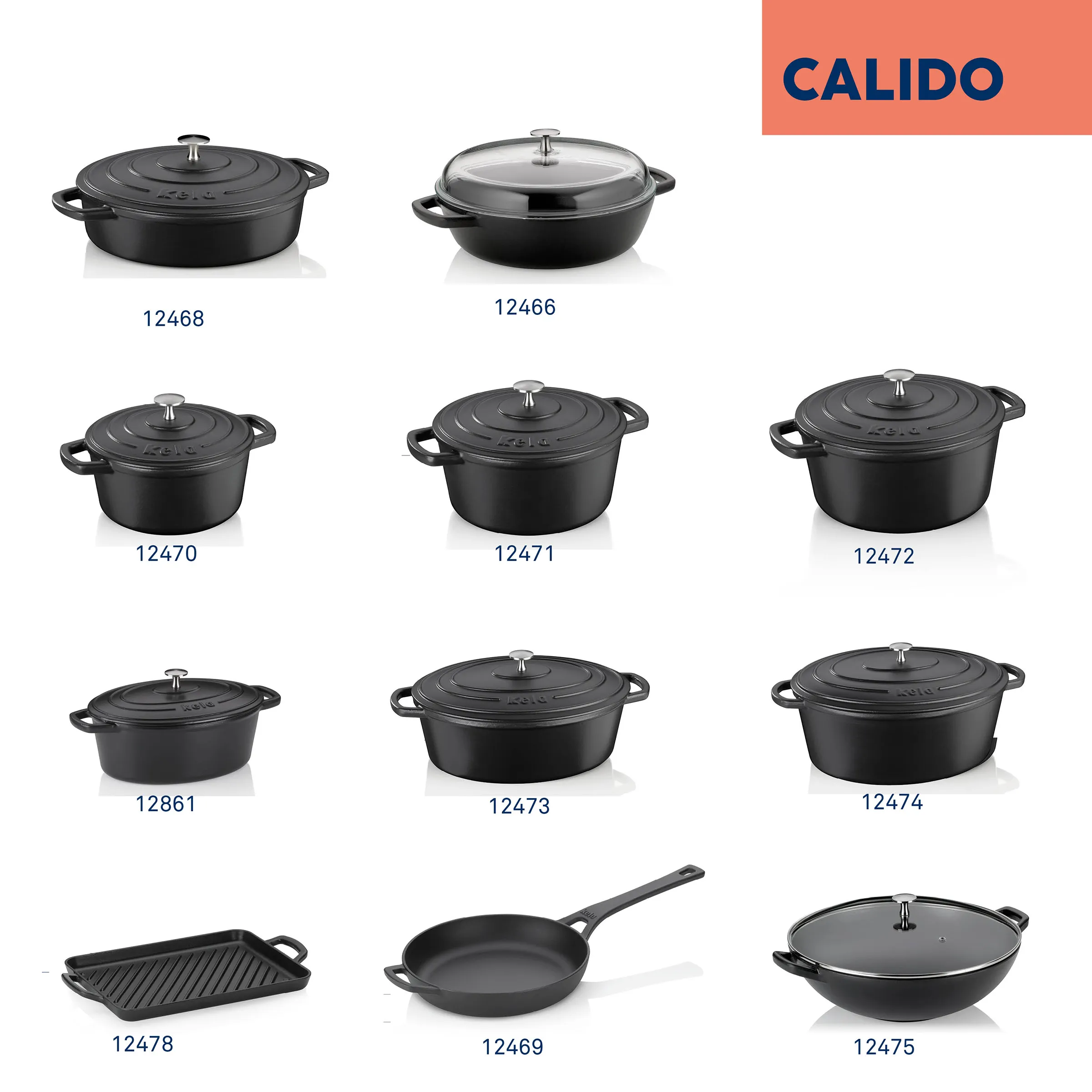 CALIDO Gusseisen Kochgeschirr Set - Premium Bräter und Pfannen CALIDO Kochgeschirr-Kollektion mit schwarzen Gusseisen-Brätern, Pfannen und Grillplatte in verschiedenen Größen