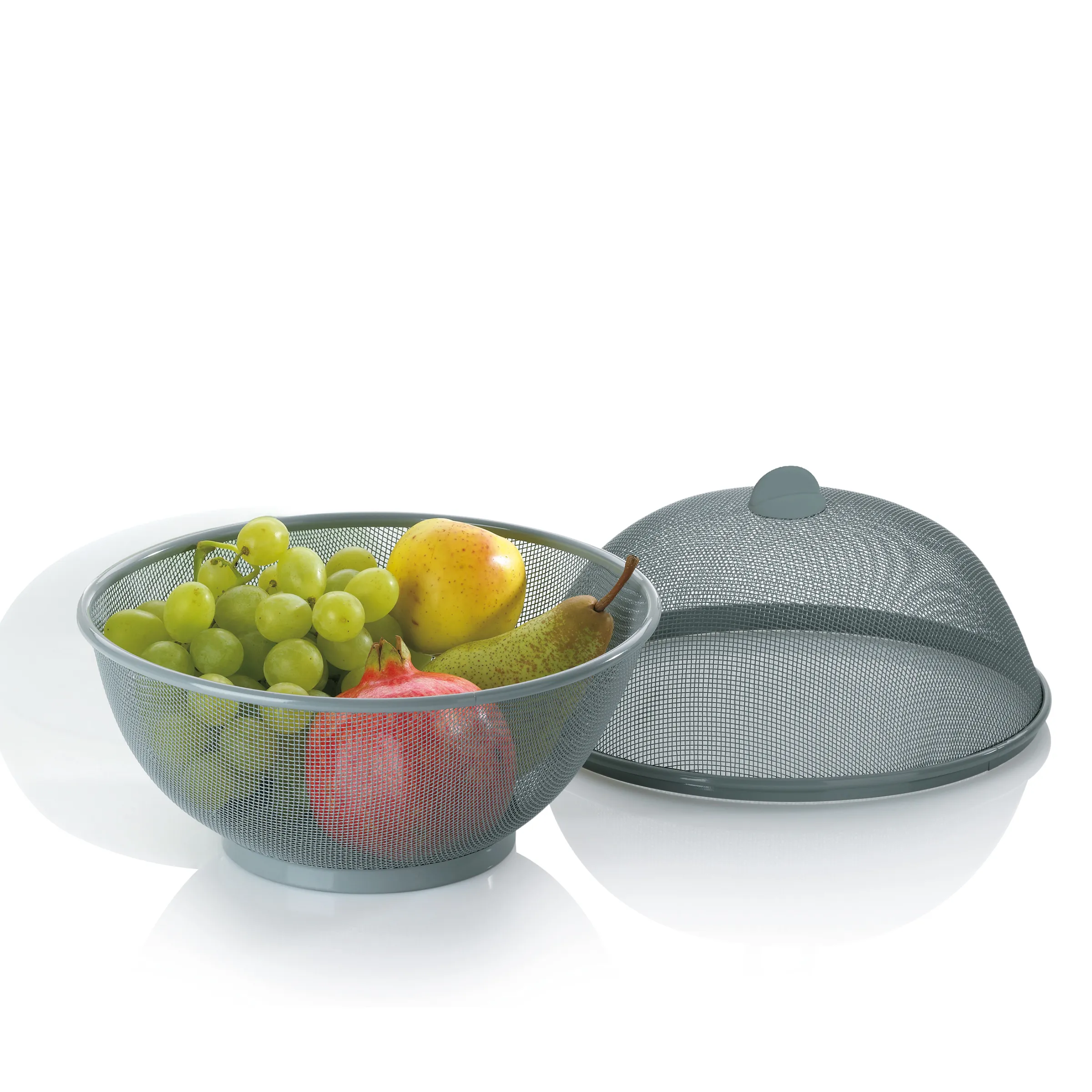 Obstschale mit Deckel aus Metall - Netz-Obstkorb für frisches Obst Graue Metall-Obstschale mit Netzstruktur und abnehmbarem Deckel, gefüllt mit Trauben, Birnen und Äpfeln