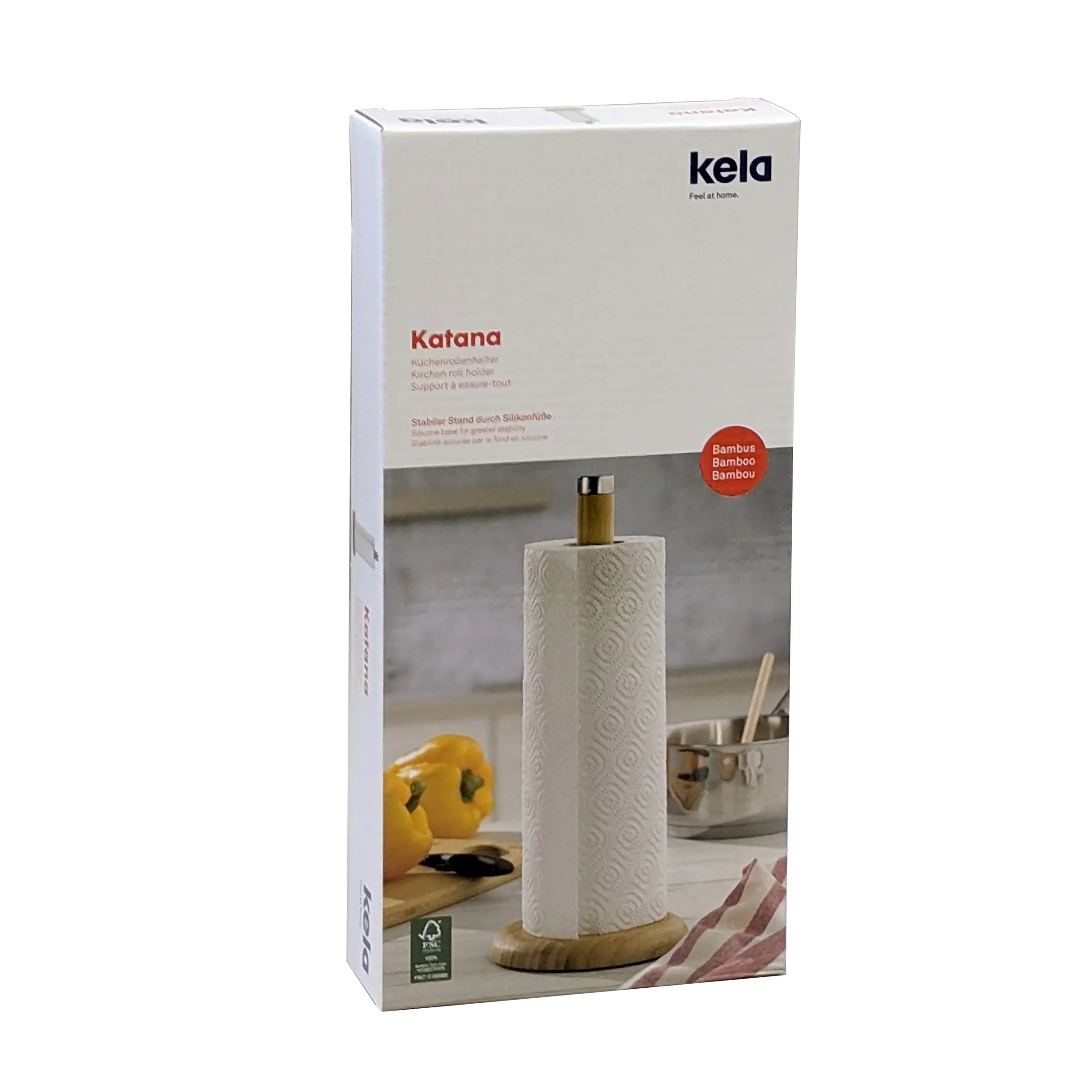 Kela Katana Küchenrollenhalter Bambus - Papierrollenhalter Kela Katana Küchenrollenhalter aus Bambus mit weißem Papierrollenhalter auf Holzständer in moderner Küche