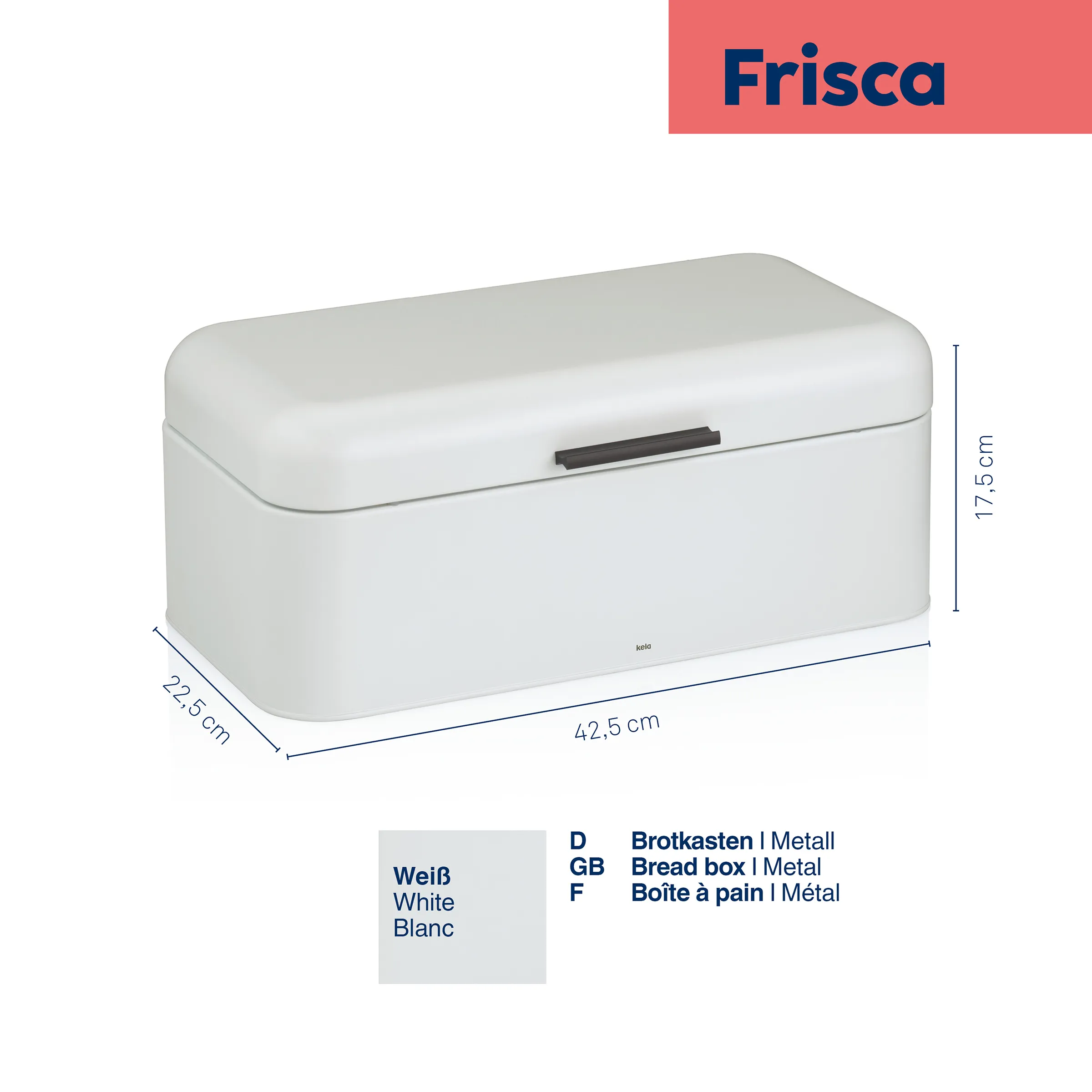Frisca Brotkasten Metall weiß - Brotkiste modern Weiße Metall-Brotkasten Frisca mit abgerundeten Ecken, Deckel mit schwarzem Griff, Maße: 42,5 x 22,5 x 17,5 cm