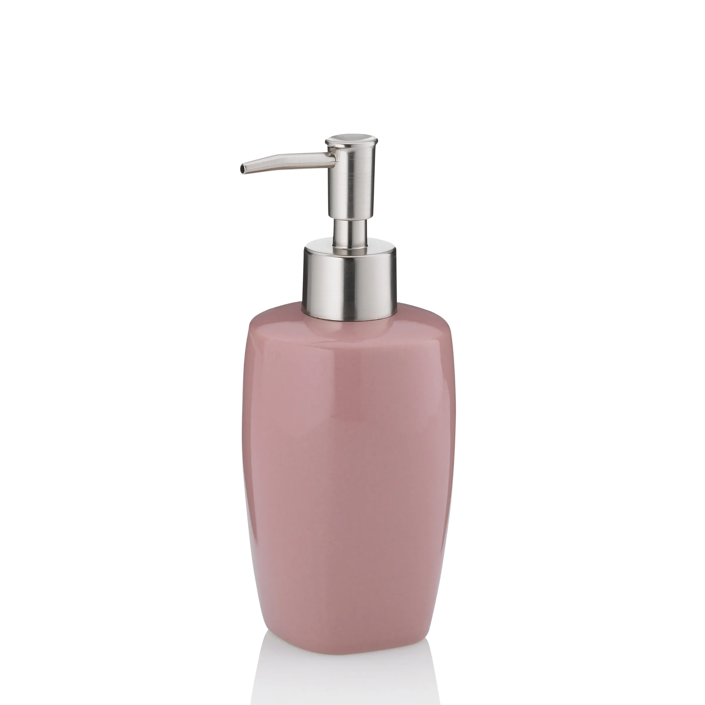 Seifenspender Rosa Keramik mit Edelstahlpumpe - Badezimmer Accessoire Rosa Seifenspender aus Keramik mit Edelstahlpumpe auf weißem Hintergrund