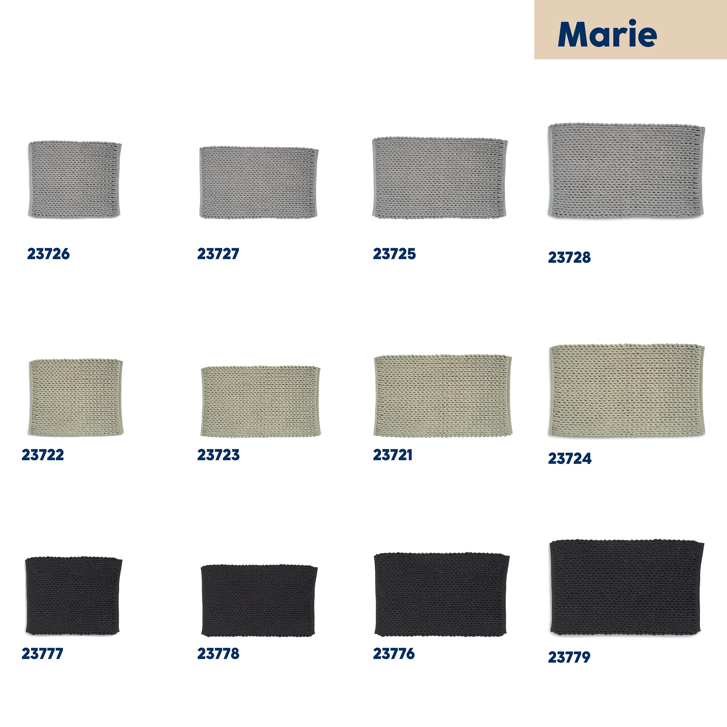 Marie Polsterstoff Muster - Bezugsstoffe in verschiedenen Farben Kollektion von acht Stoff-Bezugsmusterteilen der Marke Marie in Grau-, Beige- und Schwarztönen mit Artikelnummern.