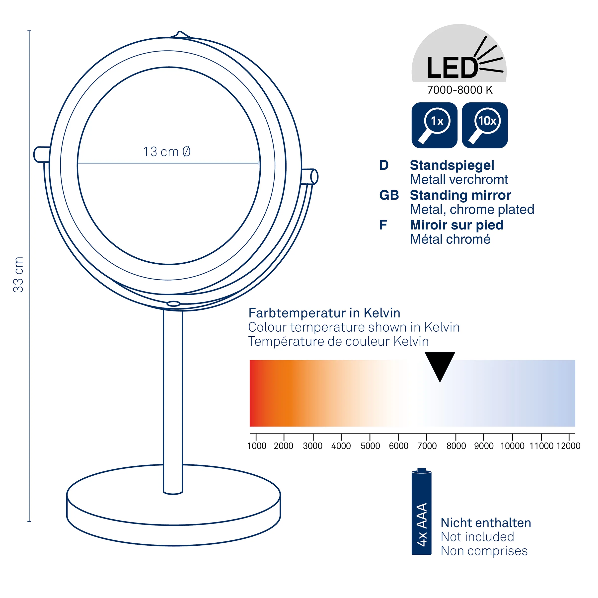 LED Standspiegel mit Vergrößerung - Kosmetikspiegel Standspiegel mit LED-Beleuchtung, Durchmesser 13 cm, Höhe 33 cm, Metall verchromt, 1x und 10x Vergrößerung