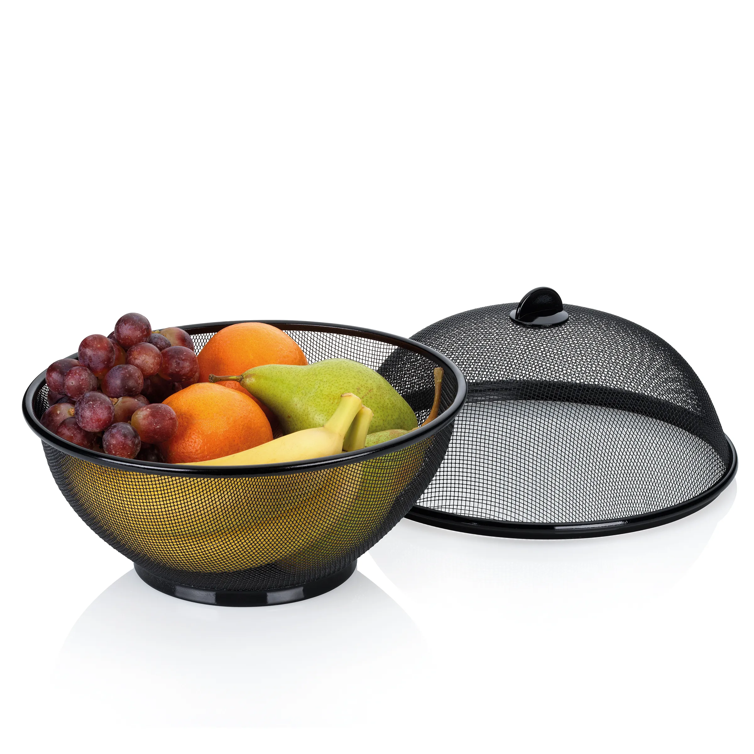 Obstkorb mit Deckel aus Metall – Schwarze Obstschale mit Fliegenschutz Schwarzer Metall-Obstkorb mit Deckel gefüllt mit Weintrauben, Orangen, Birnen und Bananen
