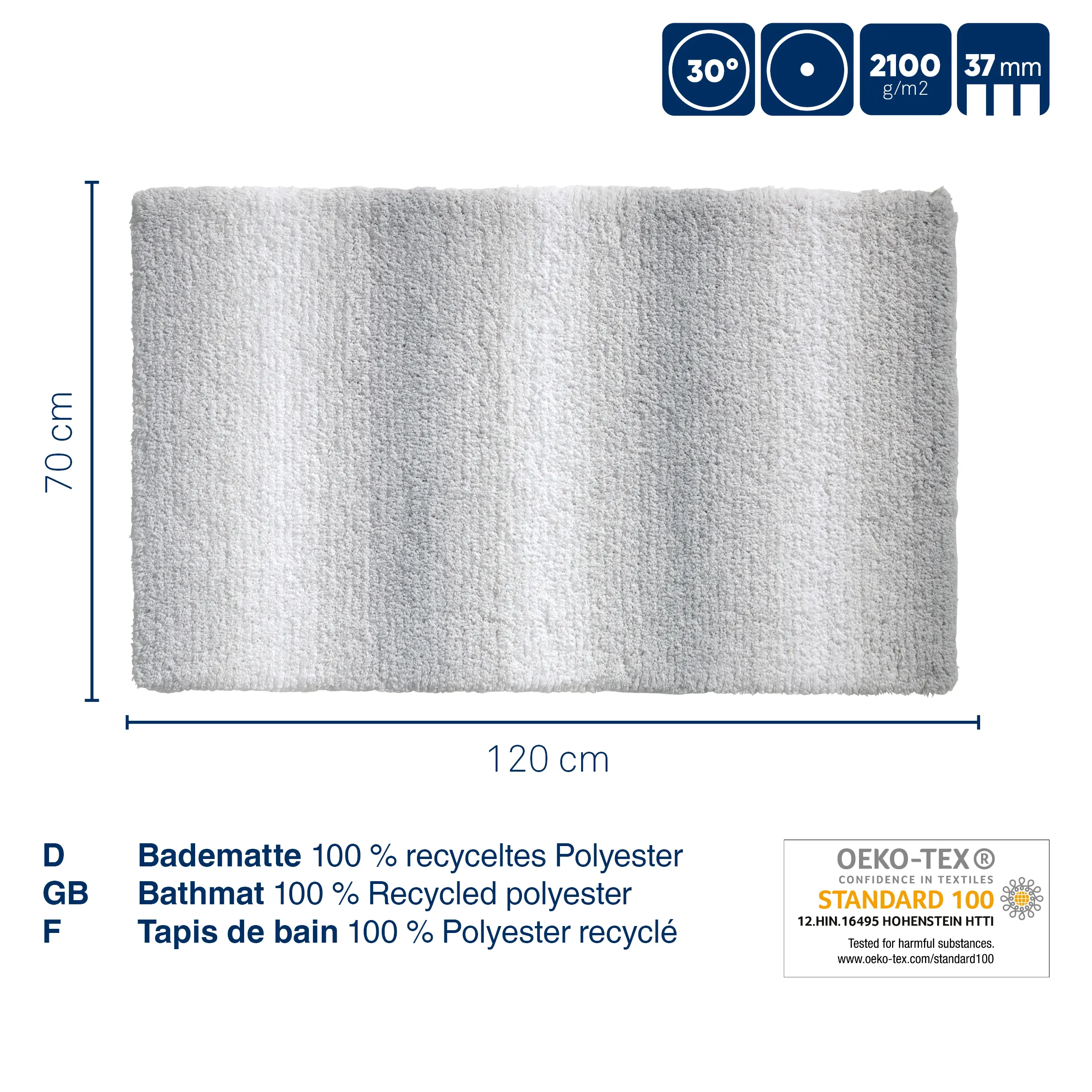 Recycelte Badematte aus Polyester – OEKO-TEX zertifiziert, rutschfest, 120x70cm Hellgraue Badematte aus 100% recyceltem Polyester, 120x70 cm, 37mm Florhöhe, waschbar bei 30°, 2100g/m²