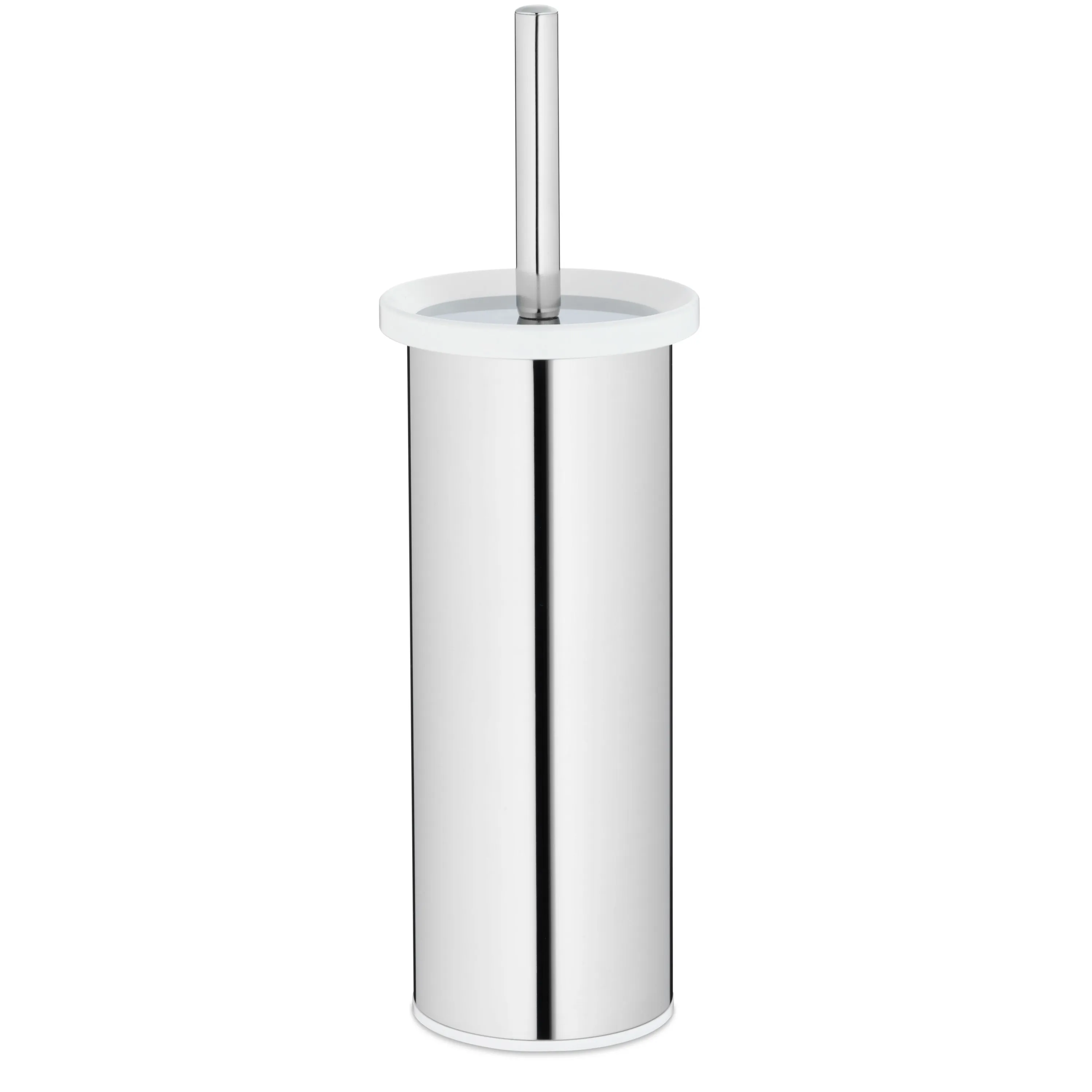 Brosse WC acier inoxydable - design moderne Brosse WC contemporaine avec récipient cylindrique en acier inoxydable, couvercle blanc et poignée chromée