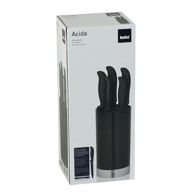 Kela Acida Messerblock Set - schwarzer Kunststoff Messerblock mit Küchenmessern Kela Acida Messerblock aus schwarzem Kunststoff mit drei Küchenmessern in silbergrau, Produktverpackung