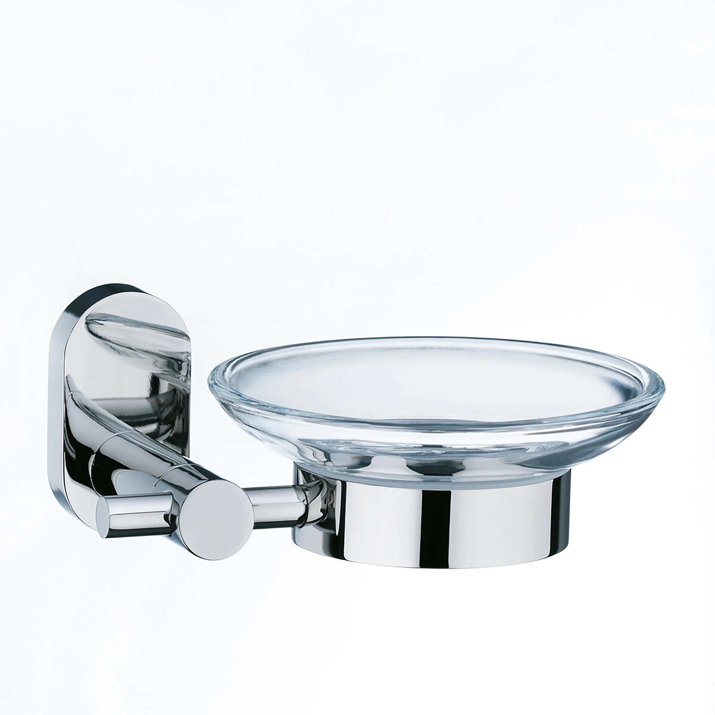 Wandmontierte Seifenschale aus glänzendem Chrom mit transparenter Glasschale und Halterungsarm