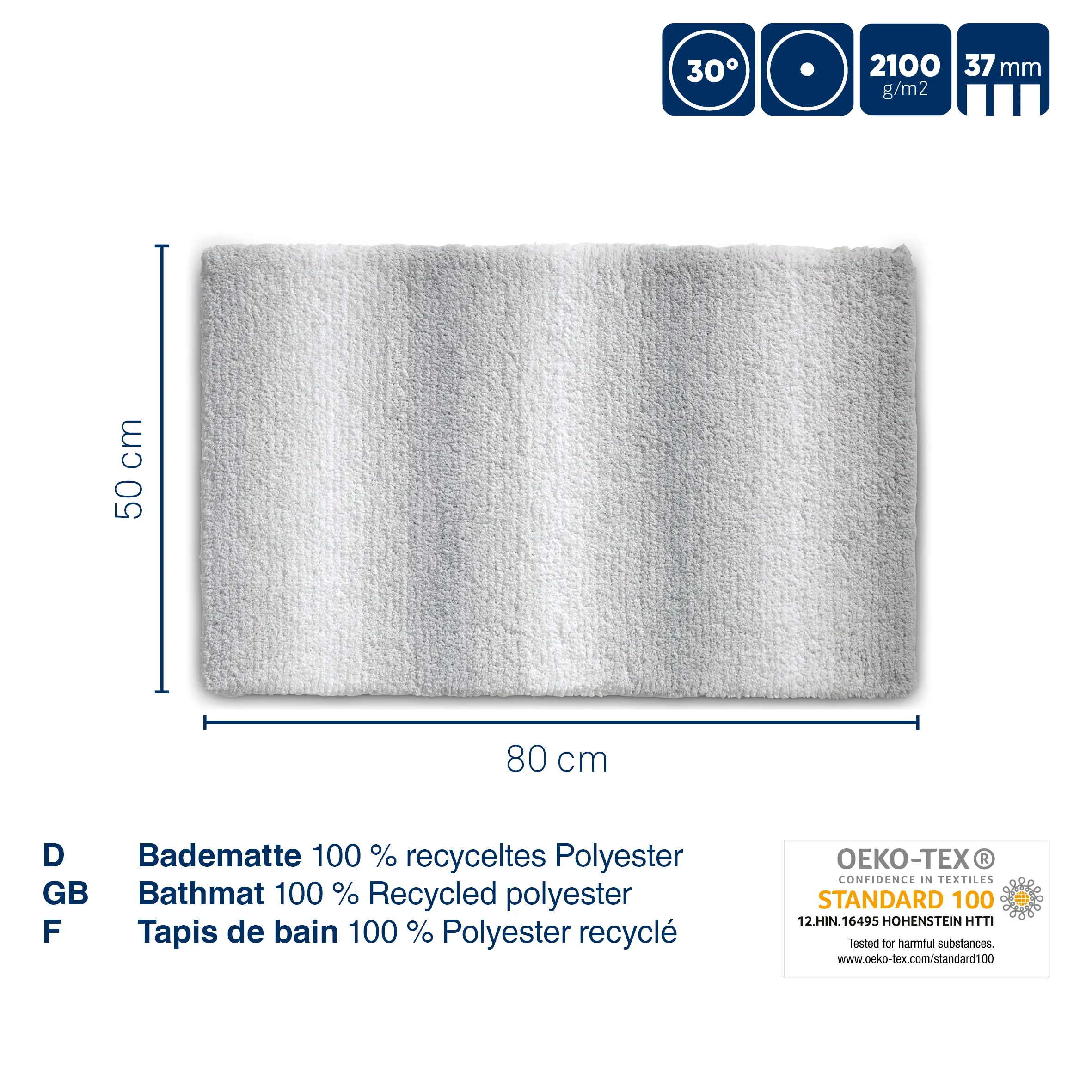 Hellgraue Badematte aus recyceltem Polyester, 80x50 cm, mit OEKO-TEX Standard 100 Zertifizierung