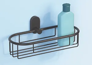 Wandmontierte Badezimmer-Ablage aus schwarzem Metall mit Spiegel und blauer Flasche